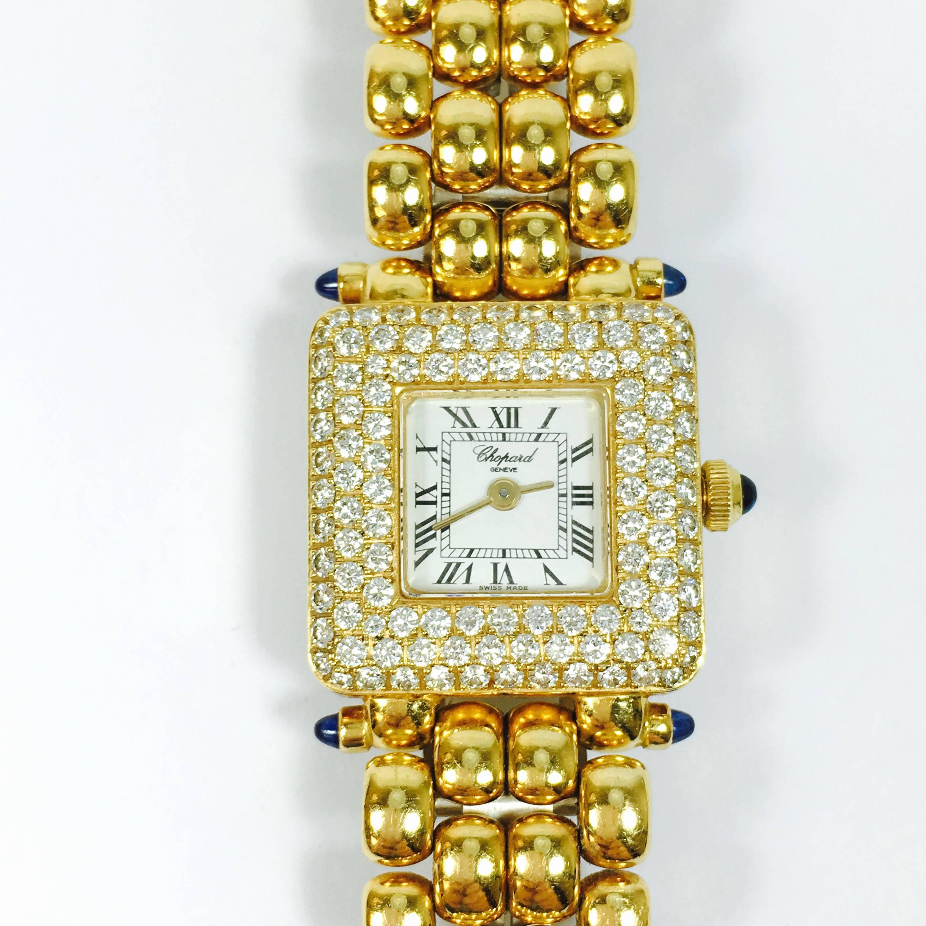 Classic Chopard 18K yellow gold lady's watch with square shape gold bezel set with three rows of pave' set diamonds. Elegant 15mm wide solid yellow gold bracelet adds the finishing touch to these beautiful watch. 
Ref: 10/6115-23   419 1
Case: 18K