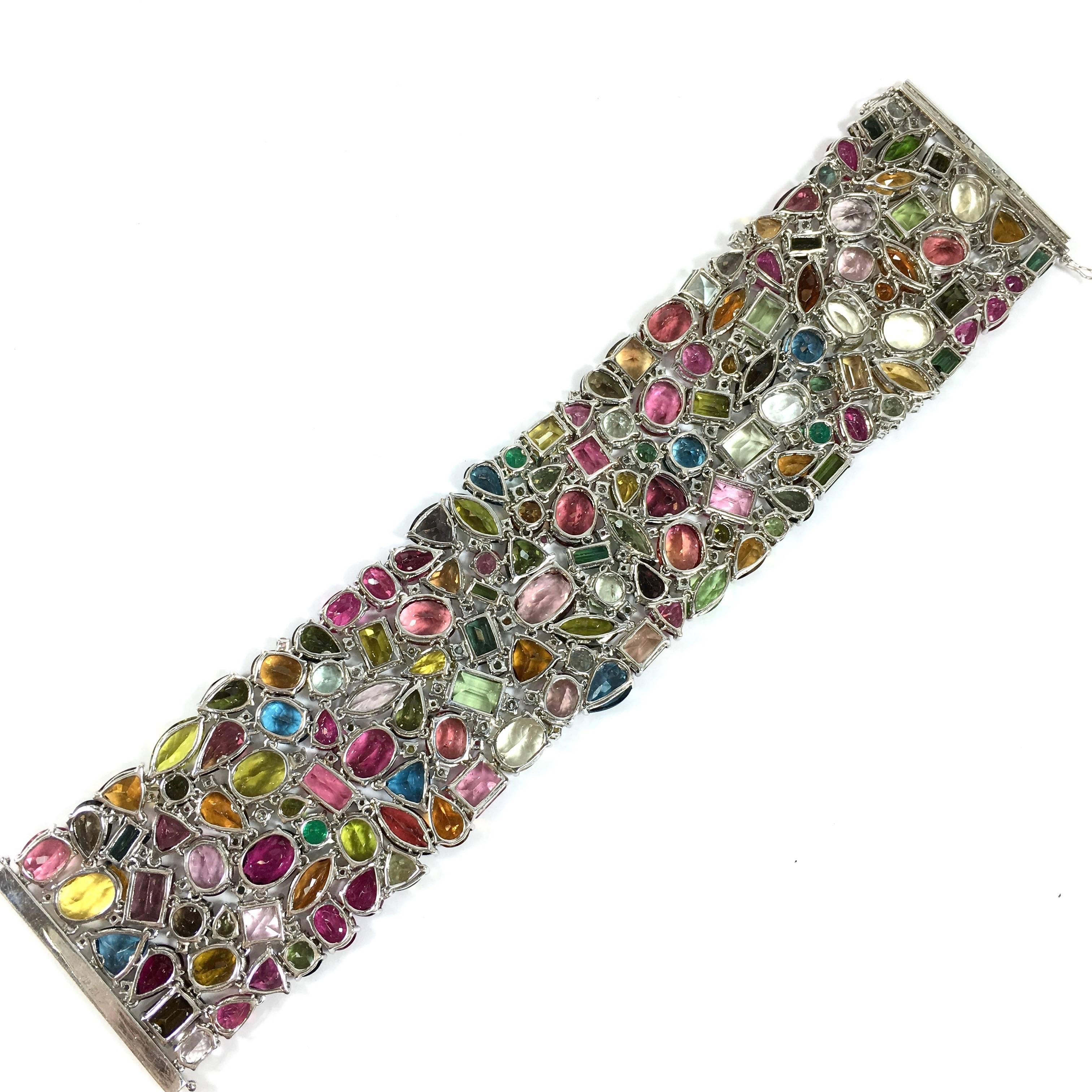  Multi Gemstone Diamond Gold Wide Bracelet In New Condition For Sale In Agoura Hills, CA