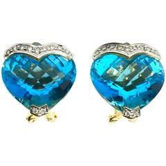 Large Blue Topaz Heart Diamond Gold Earrings