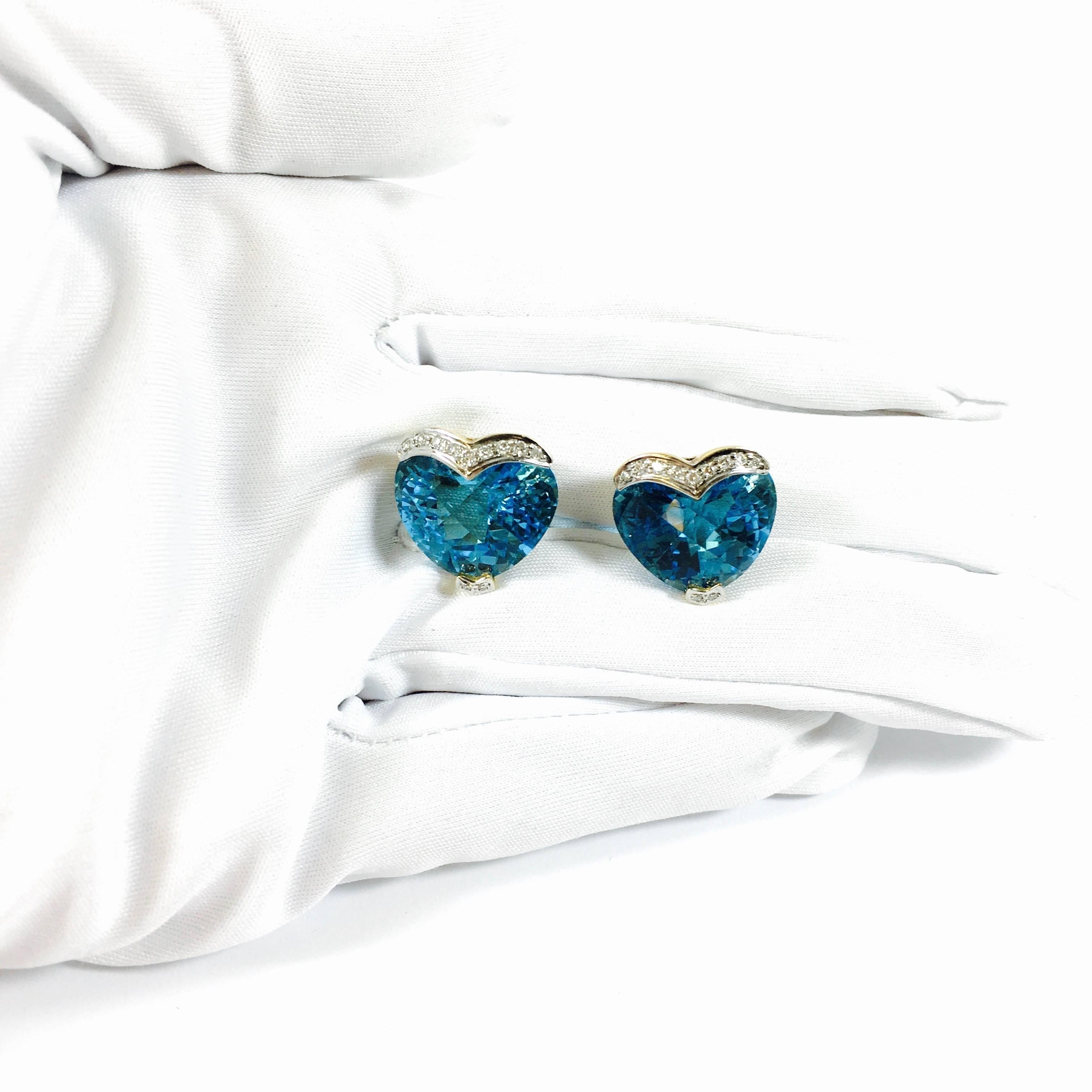 Women's Large Blue Topaz Heart Diamond Gold Earrings