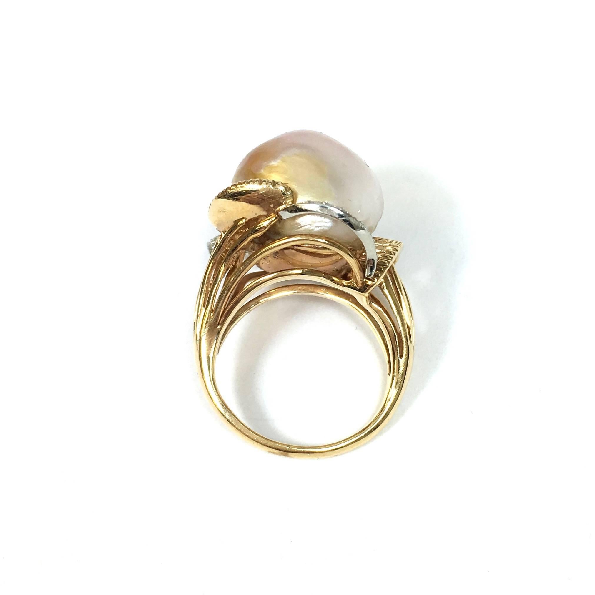 Ruser American Freshwater Pearl Diamond Gold Platinum Ring In Excellent Condition In Agoura Hills, CA