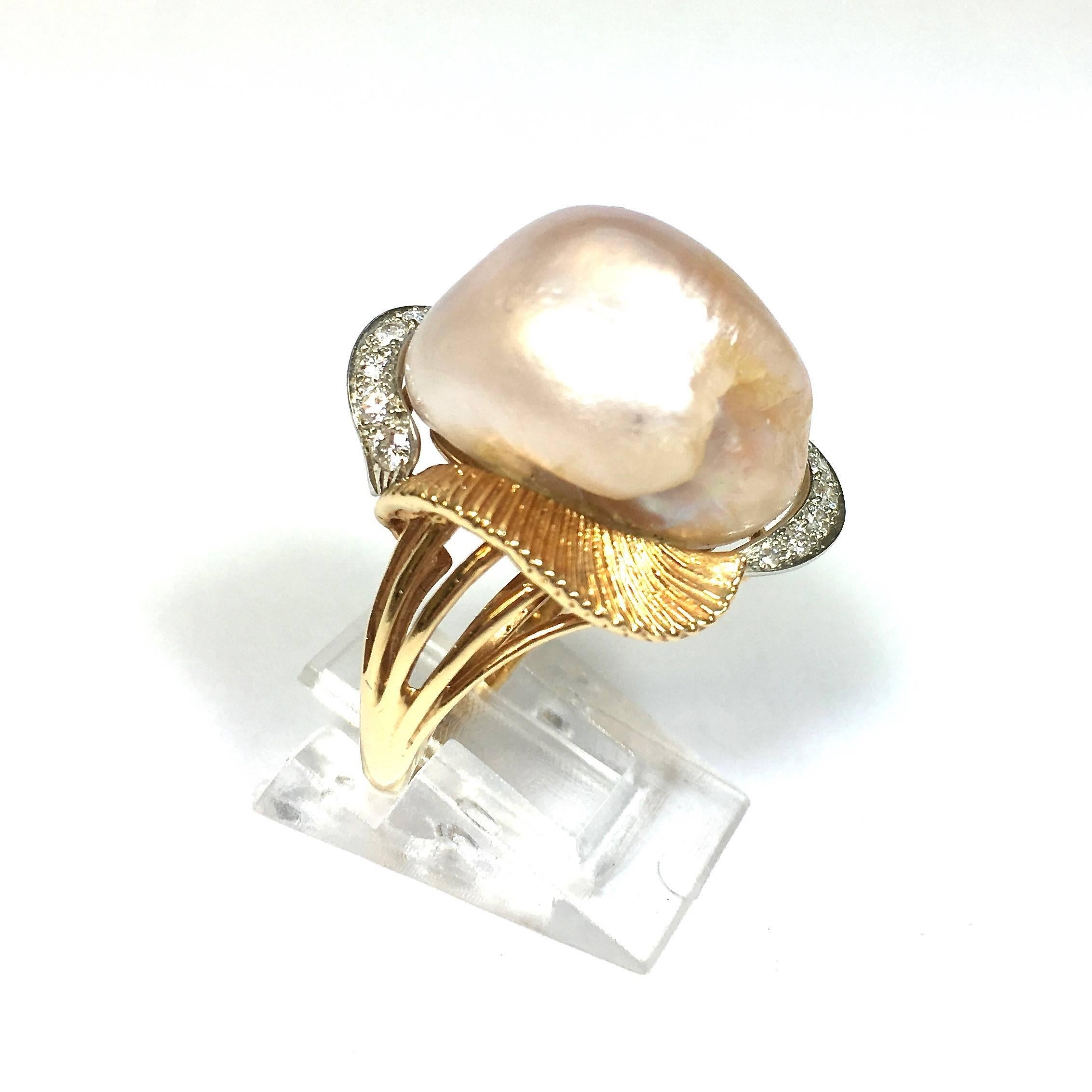 Women's Ruser American Freshwater Pearl Diamond Gold Platinum Ring