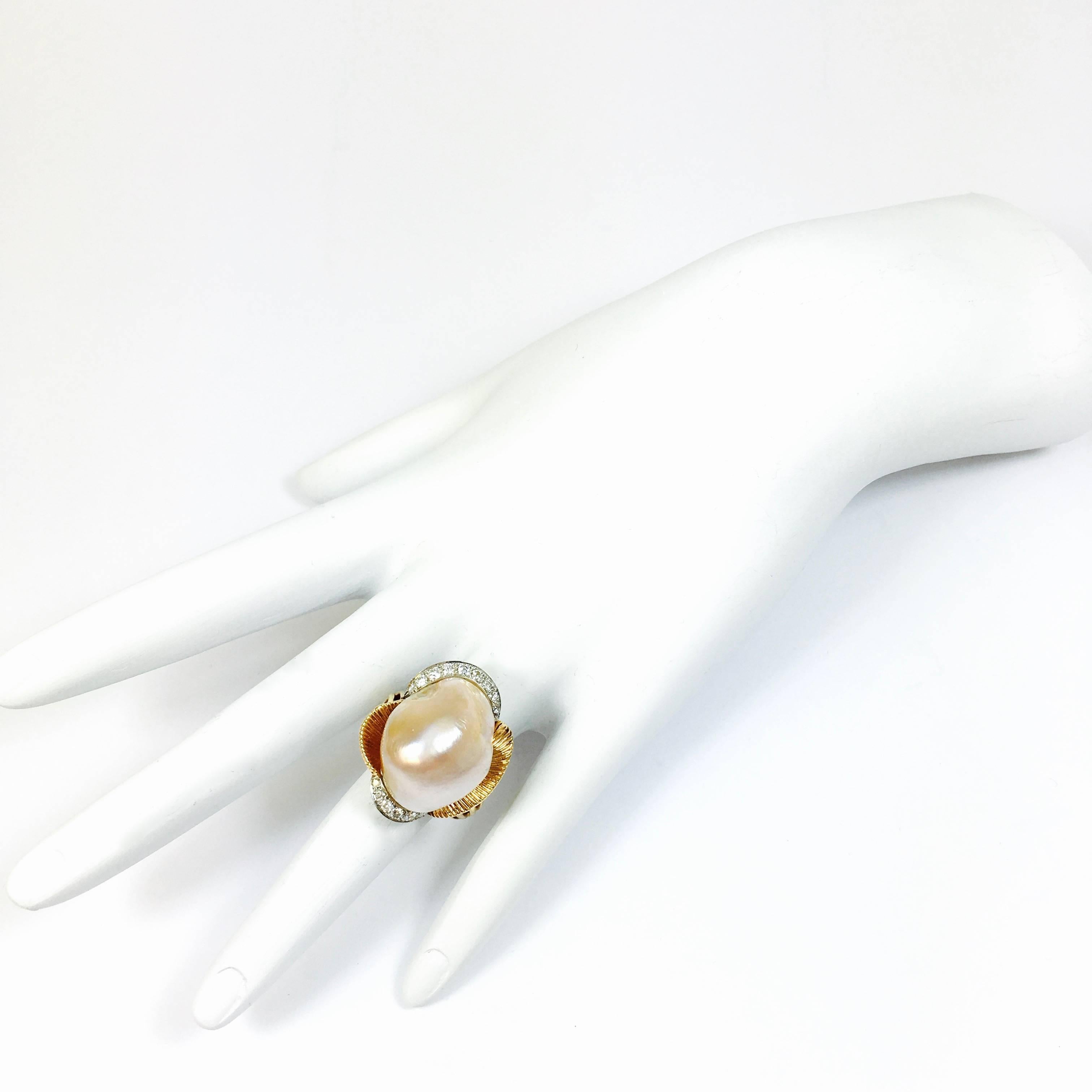 Ruser American Freshwater Pearl Diamond Gold Platinum Ring 4