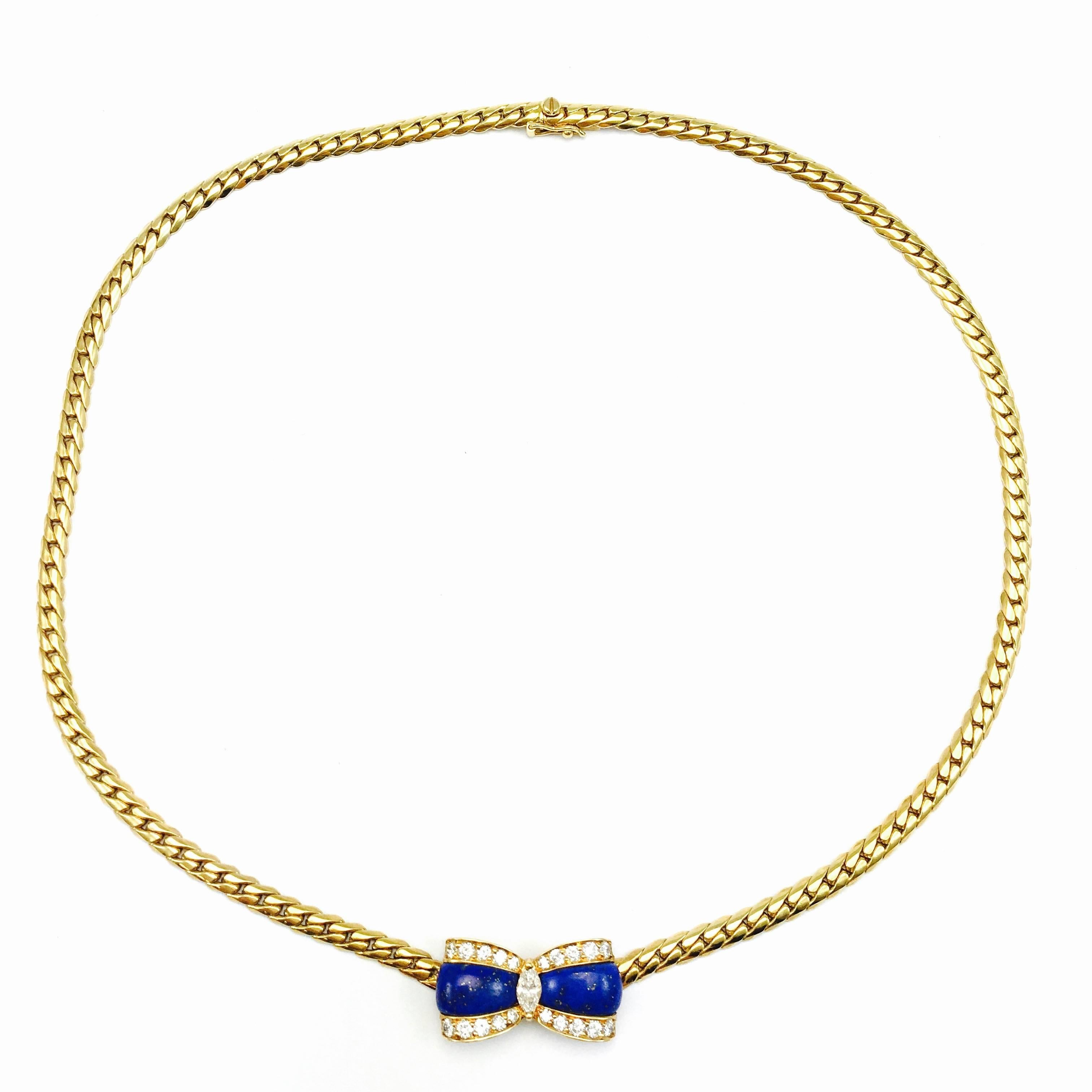 Van Cleef & Arpels Lapis Lazuli Diamond Gold Bow Necklace In Excellent Condition In Agoura Hills, CA