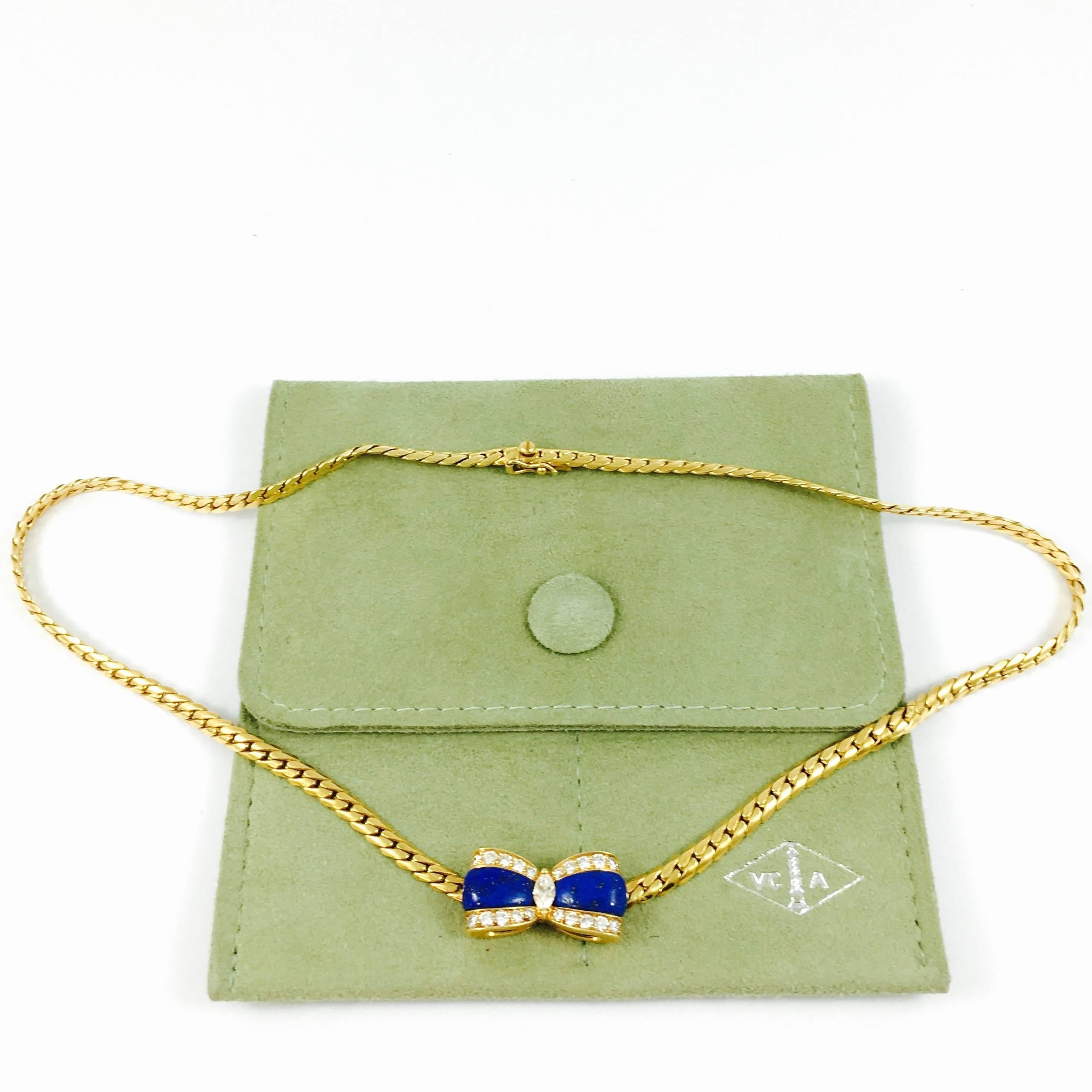 Van Cleef & Arpels Lapis Lazuli Diamond Gold Bow Necklace 4