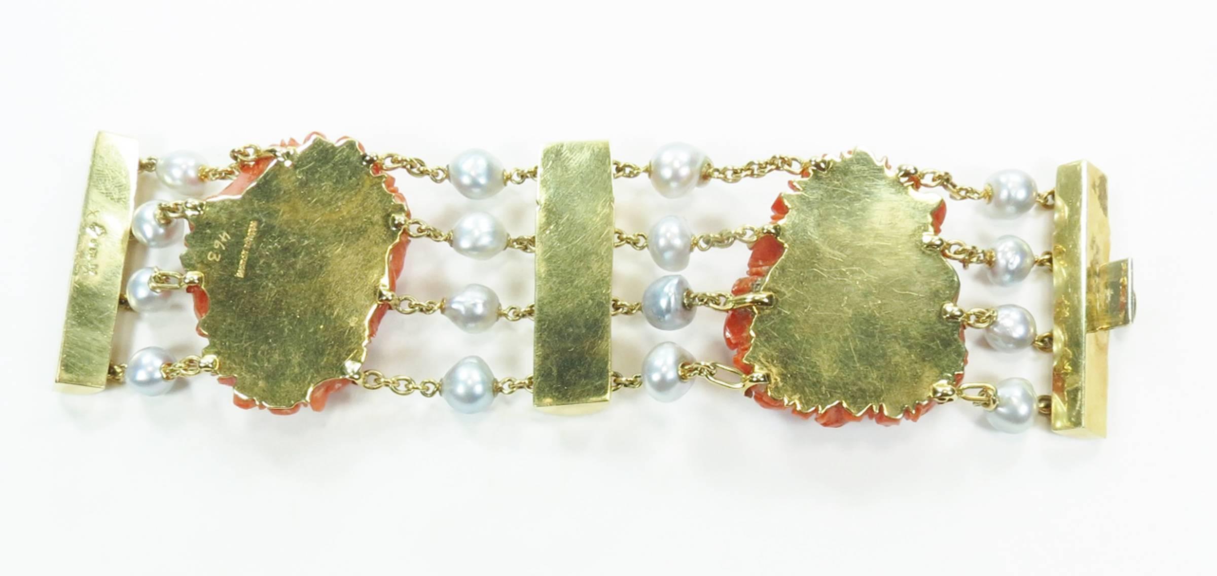 Seaman Schepps Coral South Sea Pearl Gold Bracelet In Excellent Condition For Sale In Agoura Hills, CA