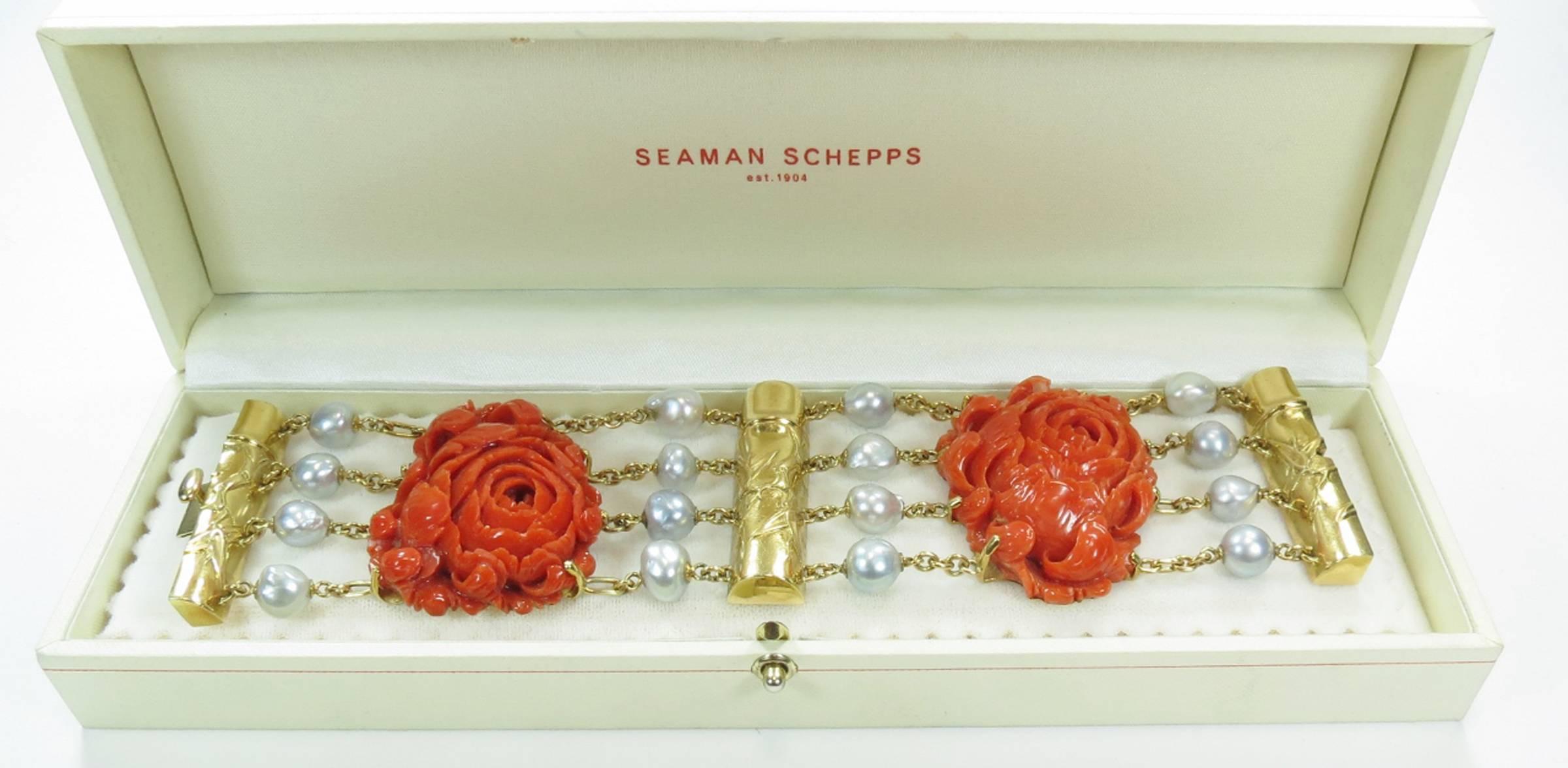 Women's or Men's Seaman Schepps Coral South Sea Pearl Gold Bracelet For Sale