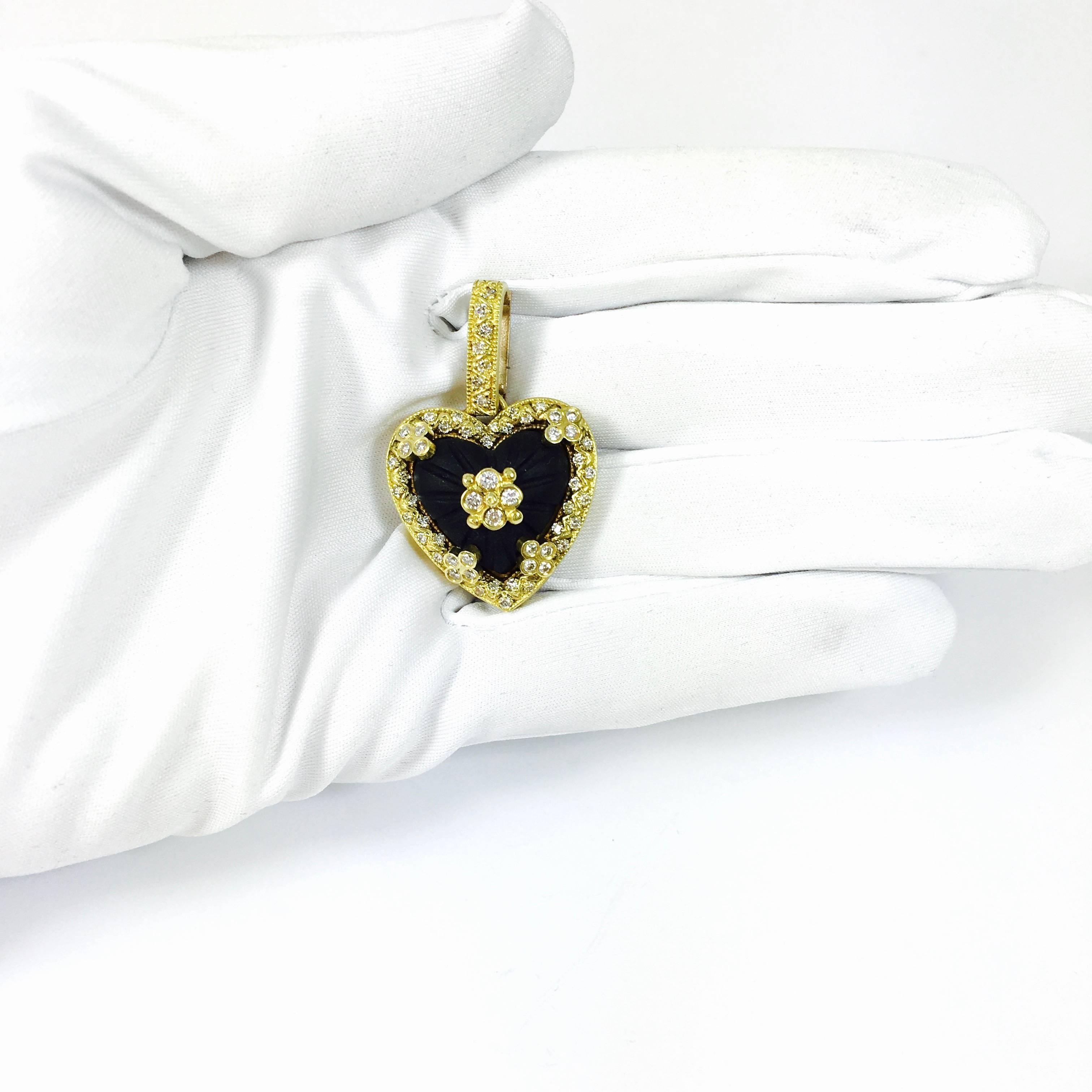 Stambolian Frosted Onyx Diamond 18 Karat Gold Heart Pendant Enhancer In New Condition In Agoura Hills, CA