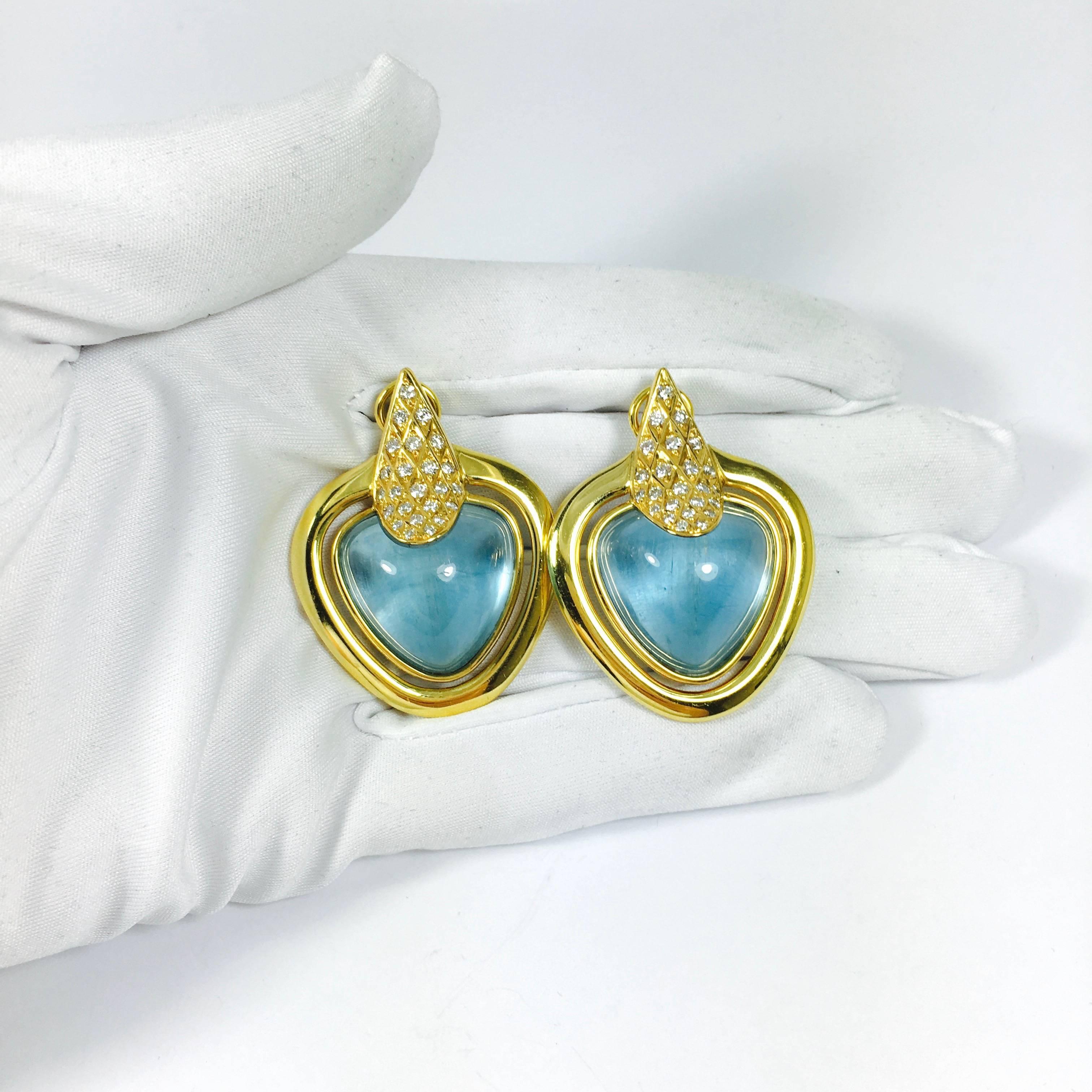Large Aquamarine Diamond Gold Earrings In Excellent Condition For Sale In Agoura Hills, CA