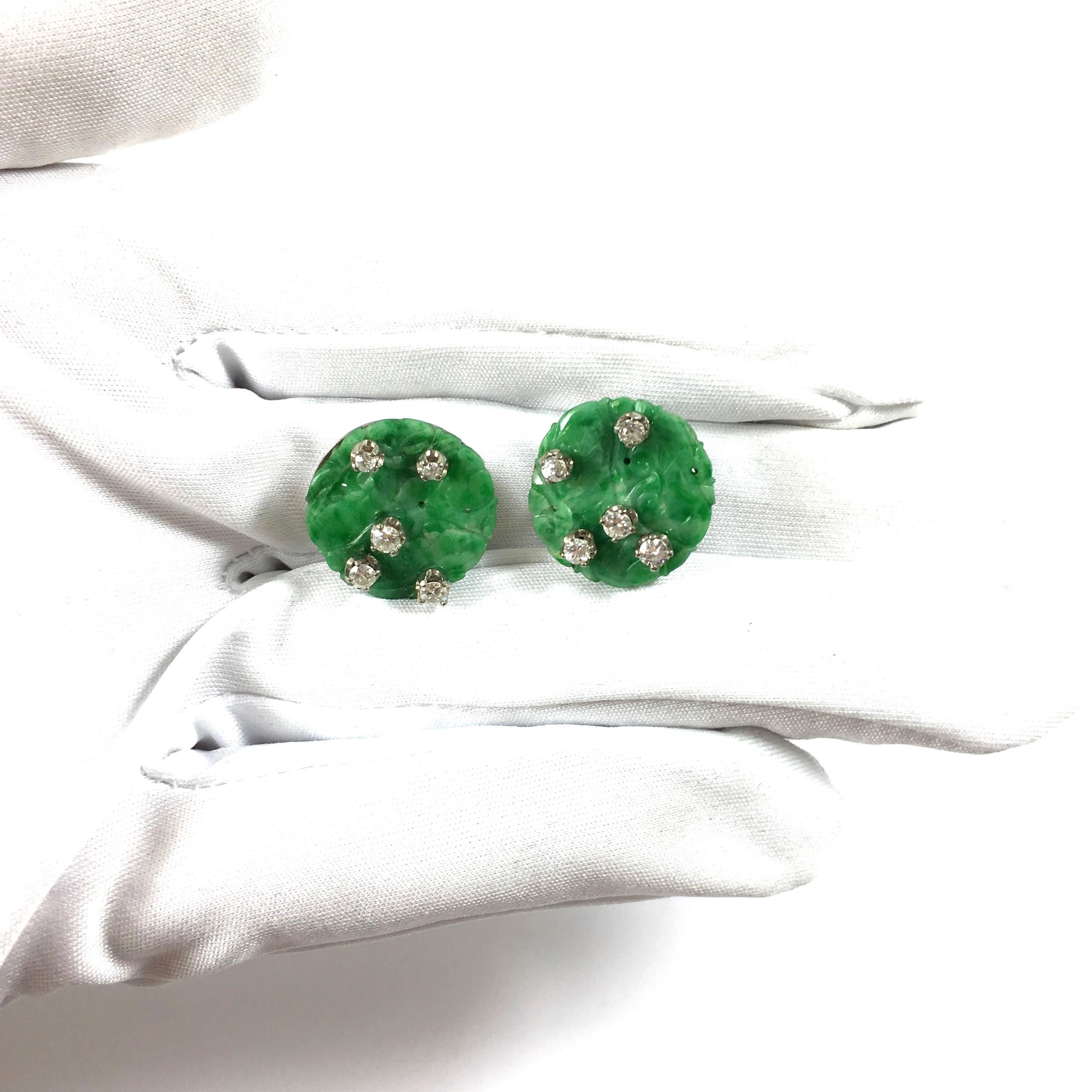 Women's Carved Jade and Diamond Gold Earrings