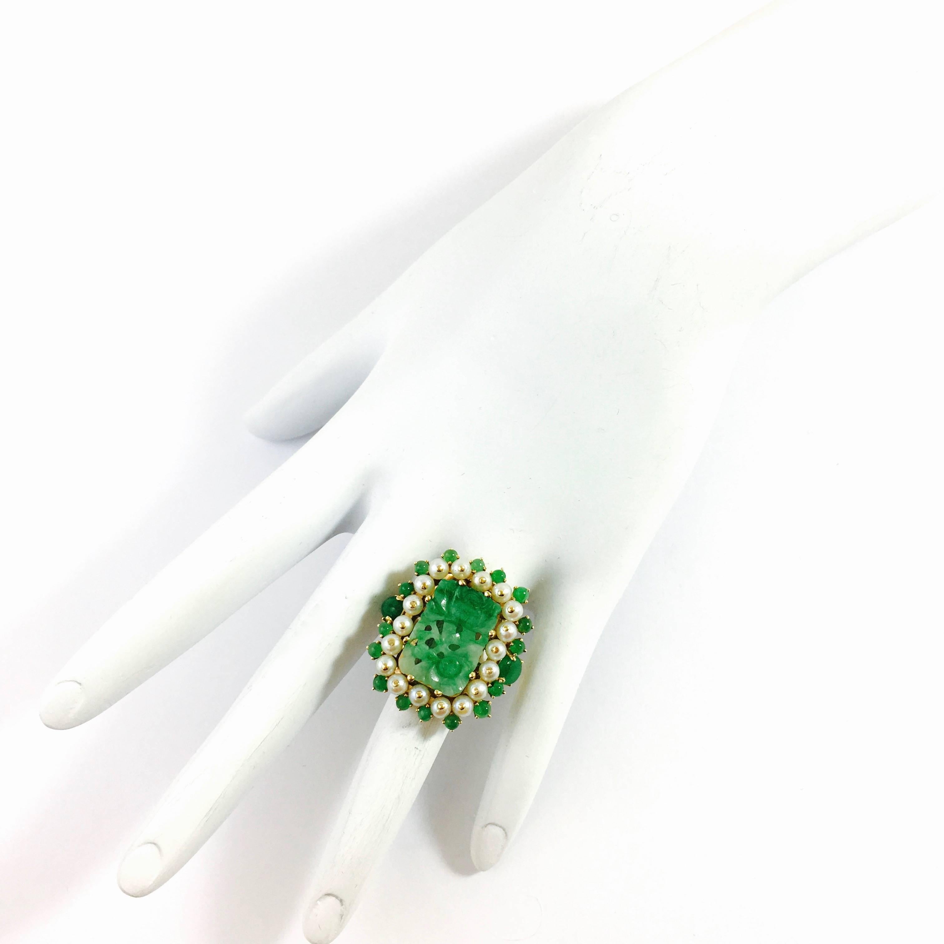 Women's Carved Jade Pearl Gold Ring