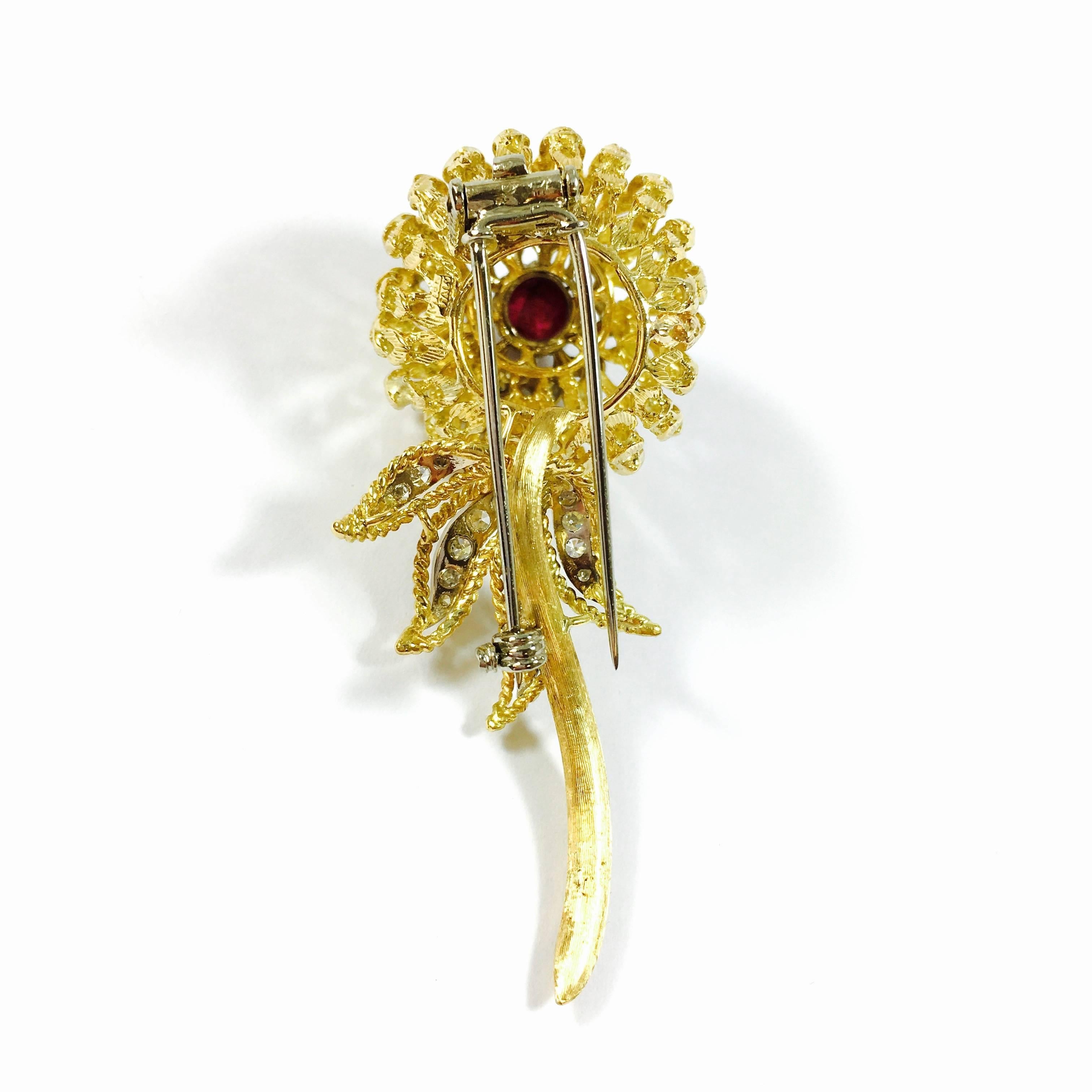Ruby Diamond Gold Large Flower Brooch Pin In Excellent Condition For Sale In Agoura Hills, CA