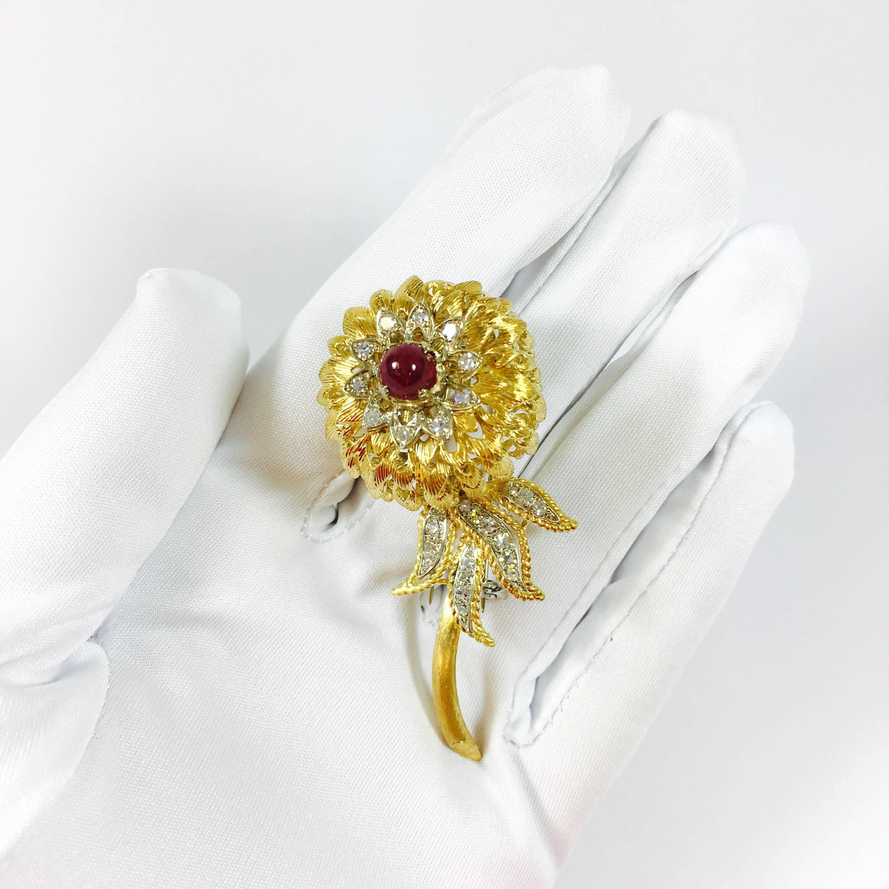 Women's or Men's Ruby Diamond Gold Large Flower Brooch Pin For Sale