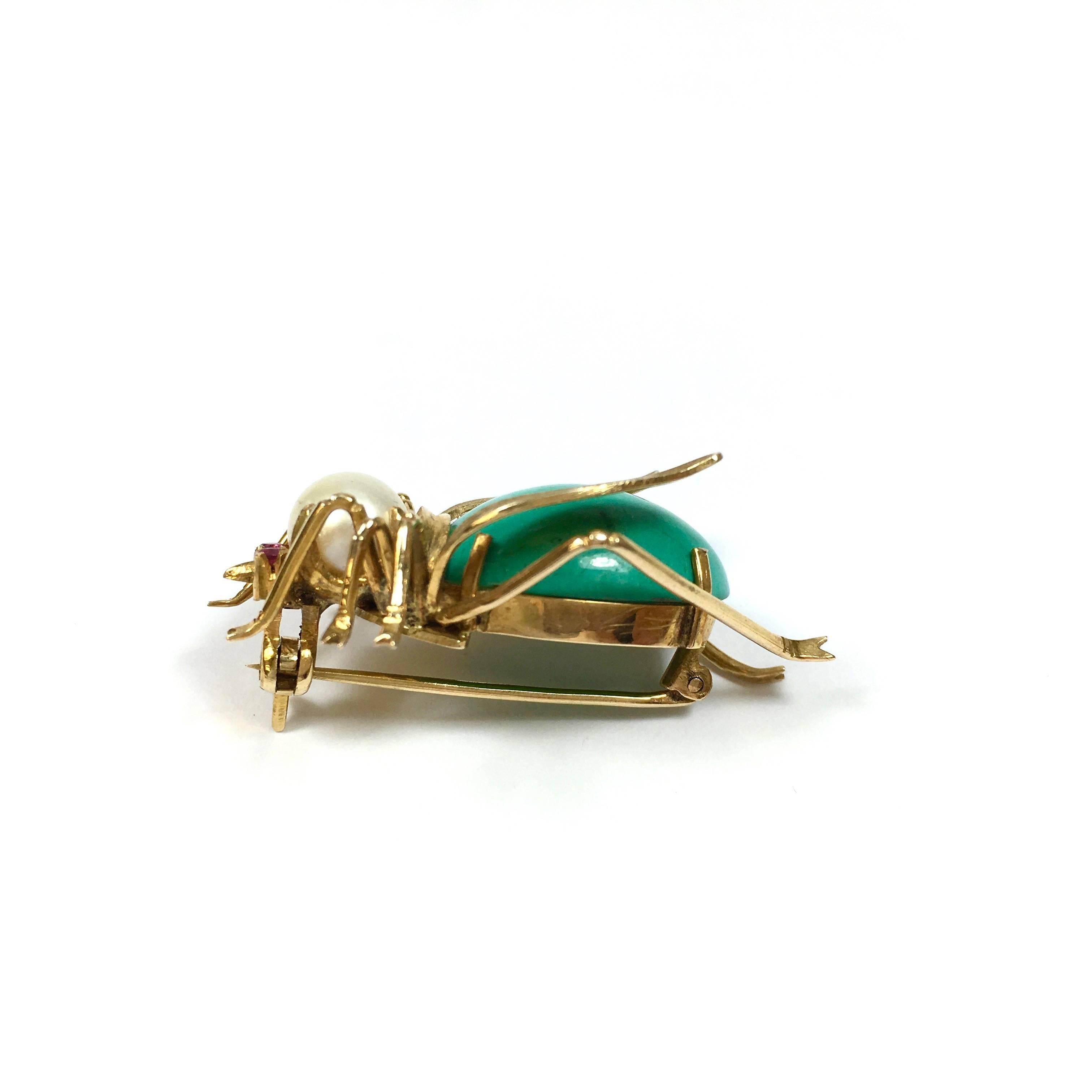 Turquoise Ruby Pearl Gold Large Insect Brooch Pin In Excellent Condition In Agoura Hills, CA
