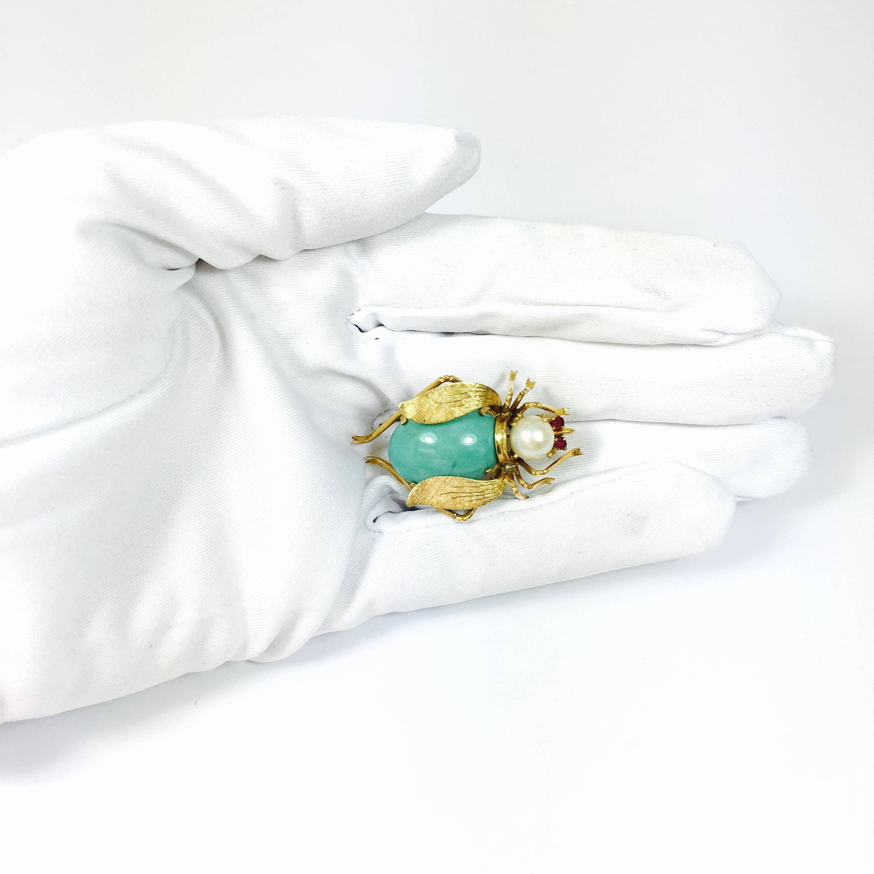 Turquoise Ruby Pearl Gold Large Insect Brooch Pin 1