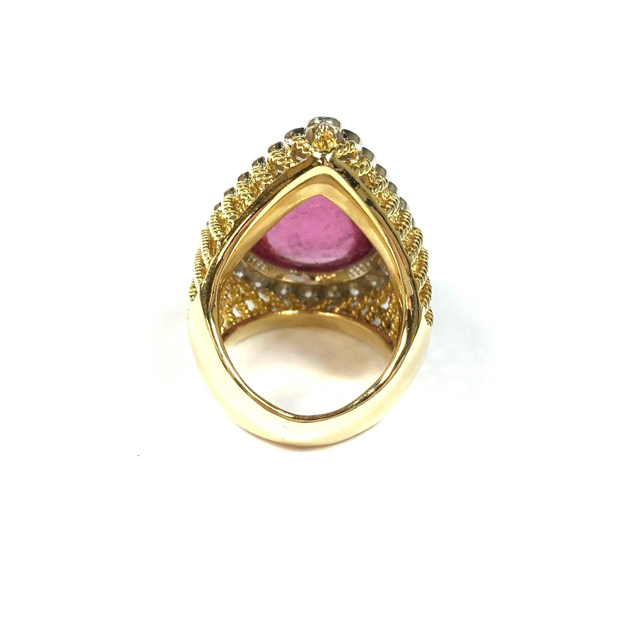Women's or Men's 20 Carats Pink Tourmaline Cabochon Diamond Gold Ring