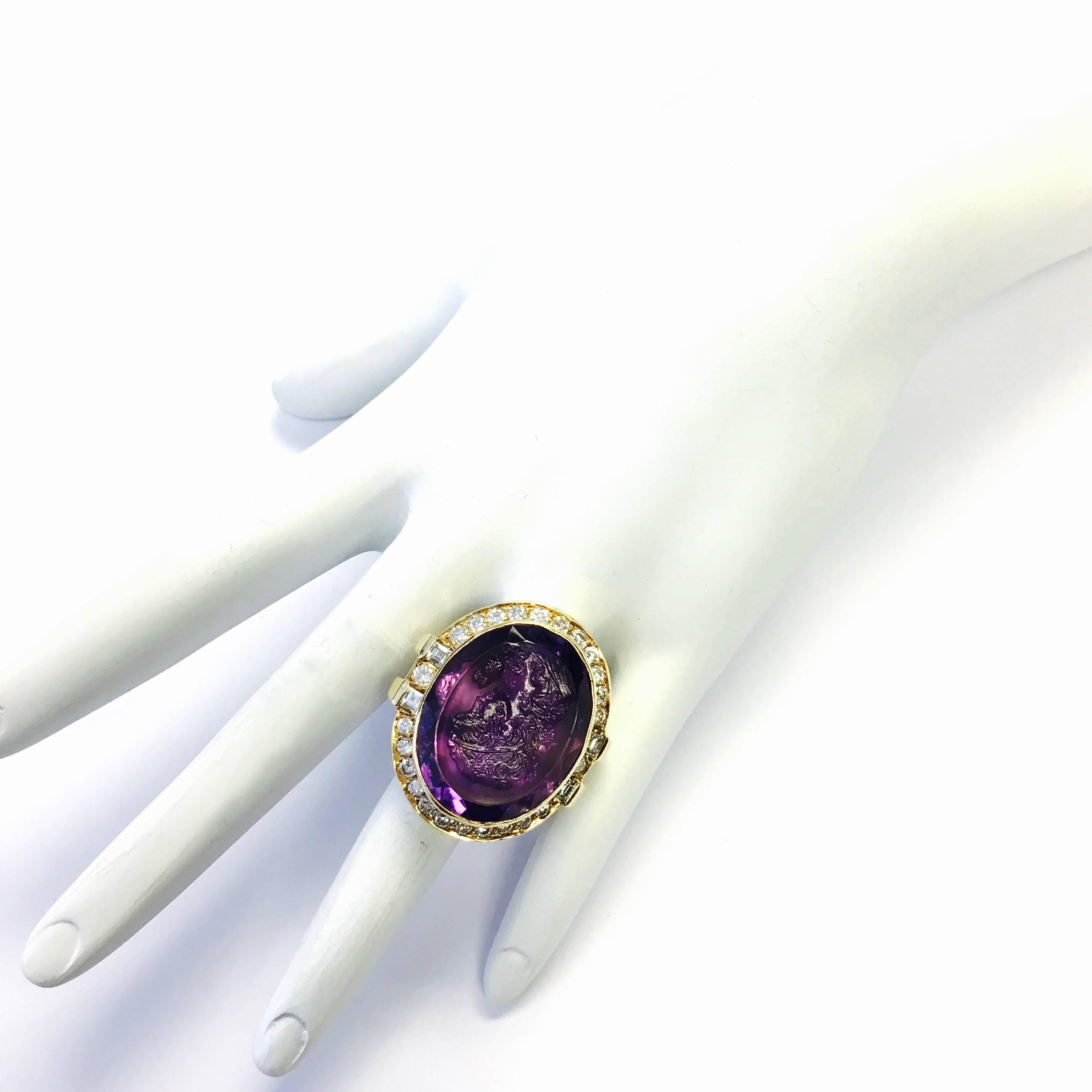 Large Carved Cameo Amethyst and Diamond Ring In Excellent Condition In Agoura Hills, CA