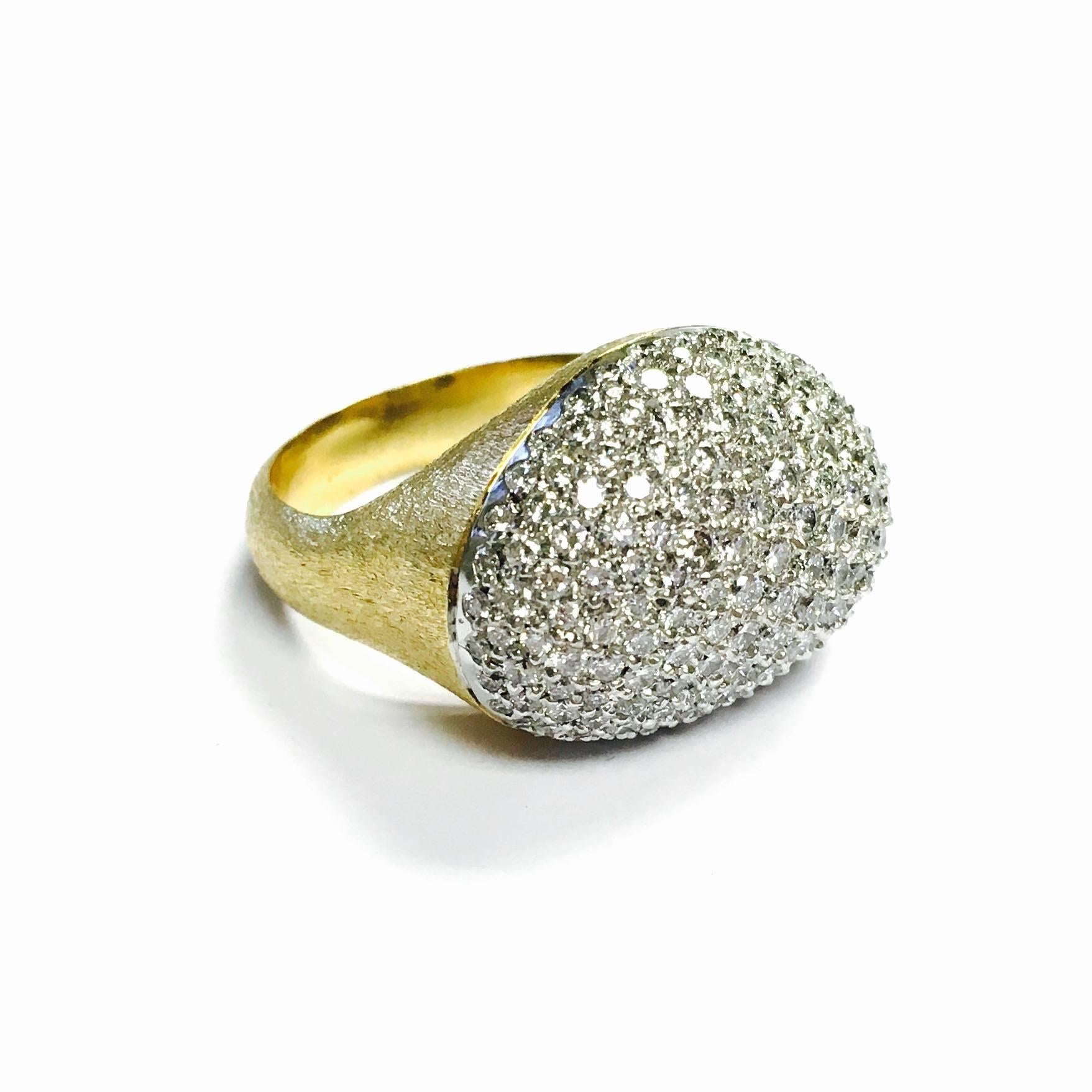 H.Stern Golden Stones Collection inspired by the organic shape of river pebbles. The ring features brushed yellow gold  mixed with topped with approximately 3.30ctw pave set round brilliant diamonds. Color: F-G, Clarity: VS
Size: 8.5
Weight: 18.2