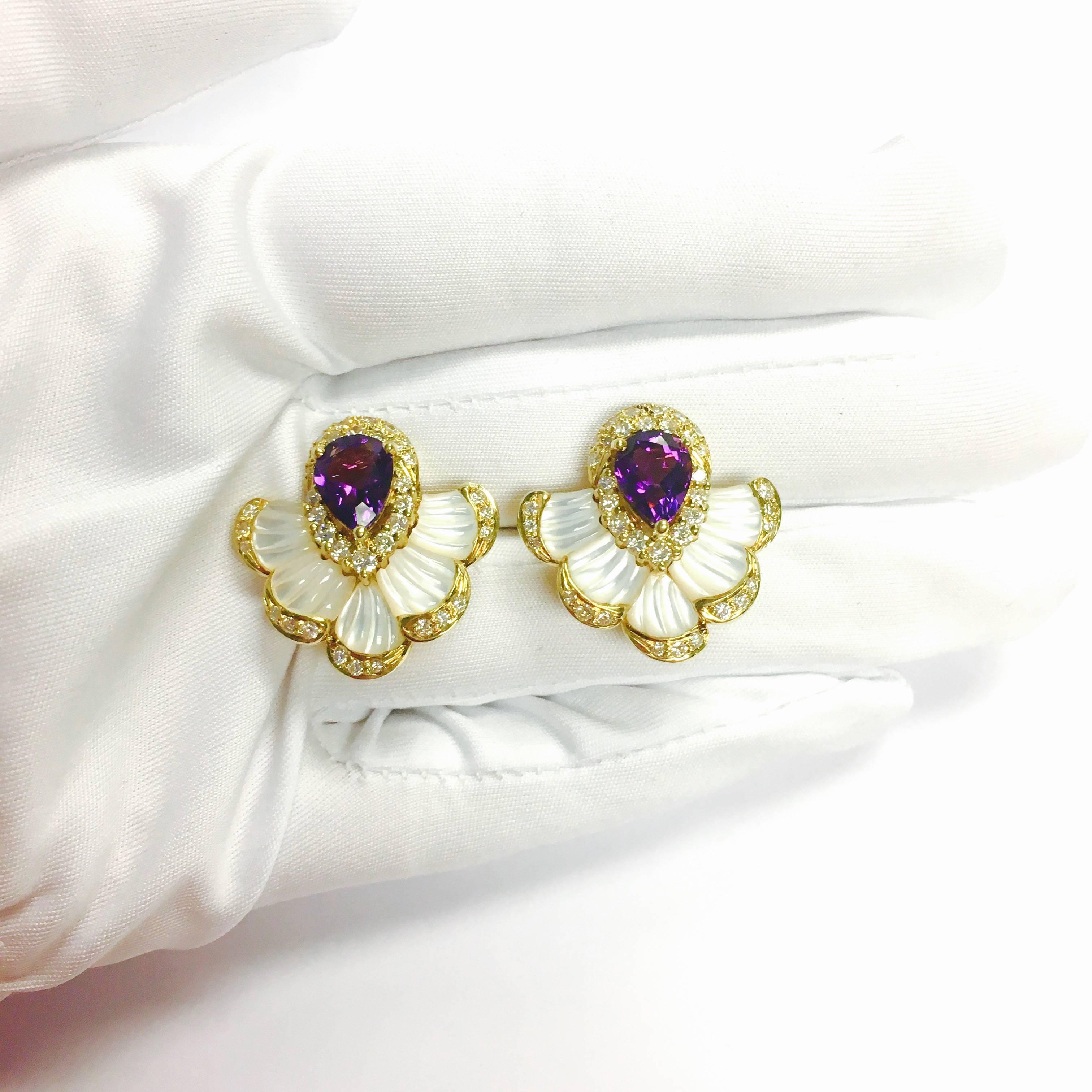 Amethyst Diamond and Mother-of-Pearl Gold Earrings In Excellent Condition In Agoura Hills, CA
