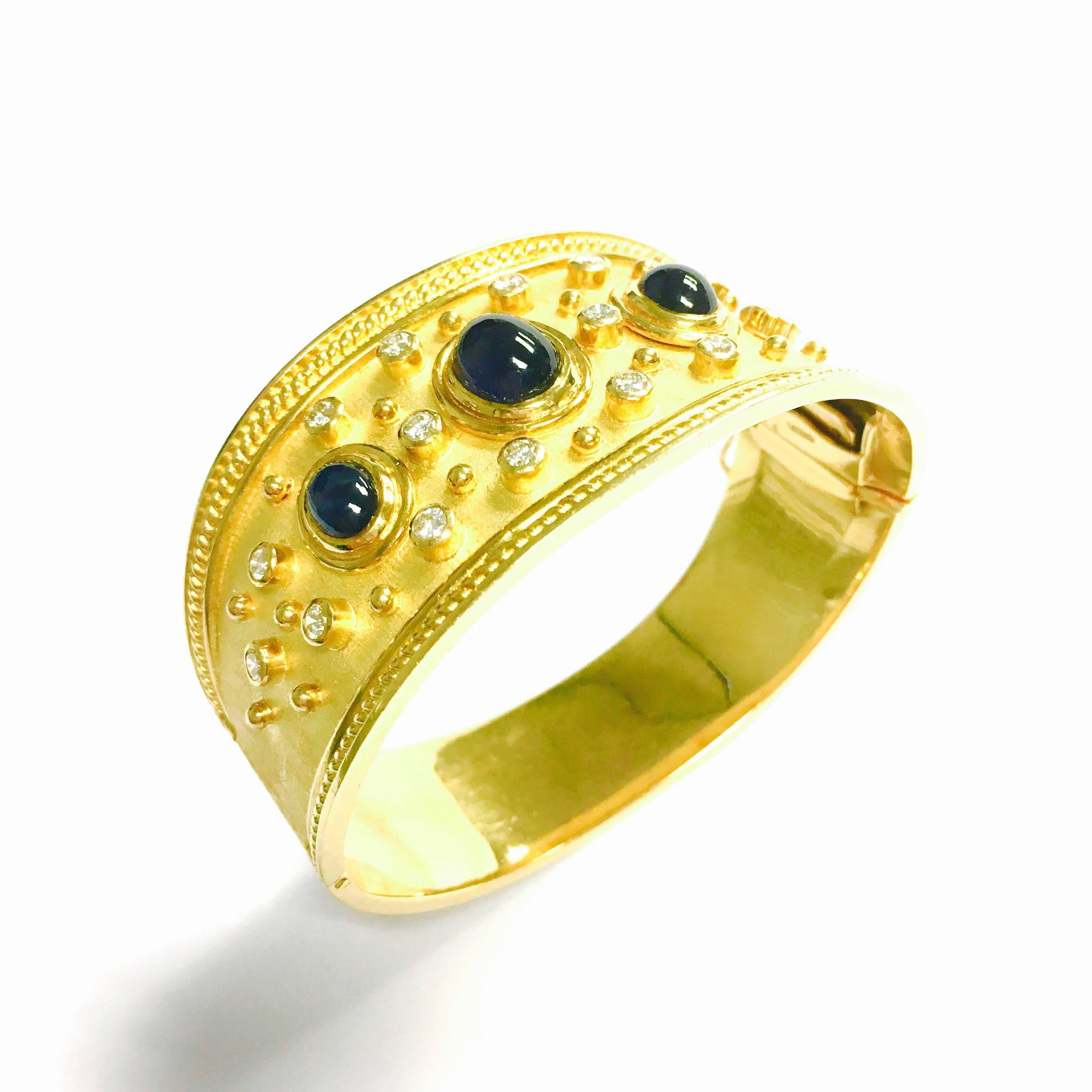Etruscan Style Large Sapphire and Diamond Bangle Bracelet In Excellent Condition In Agoura Hills, CA