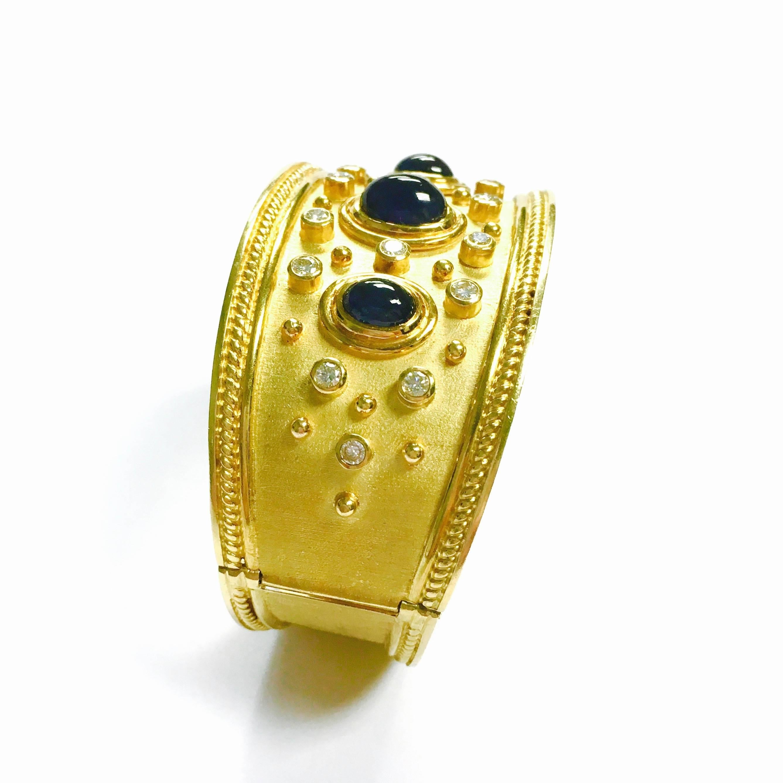 Women's or Men's Etruscan Style Large Sapphire and Diamond Bangle Bracelet