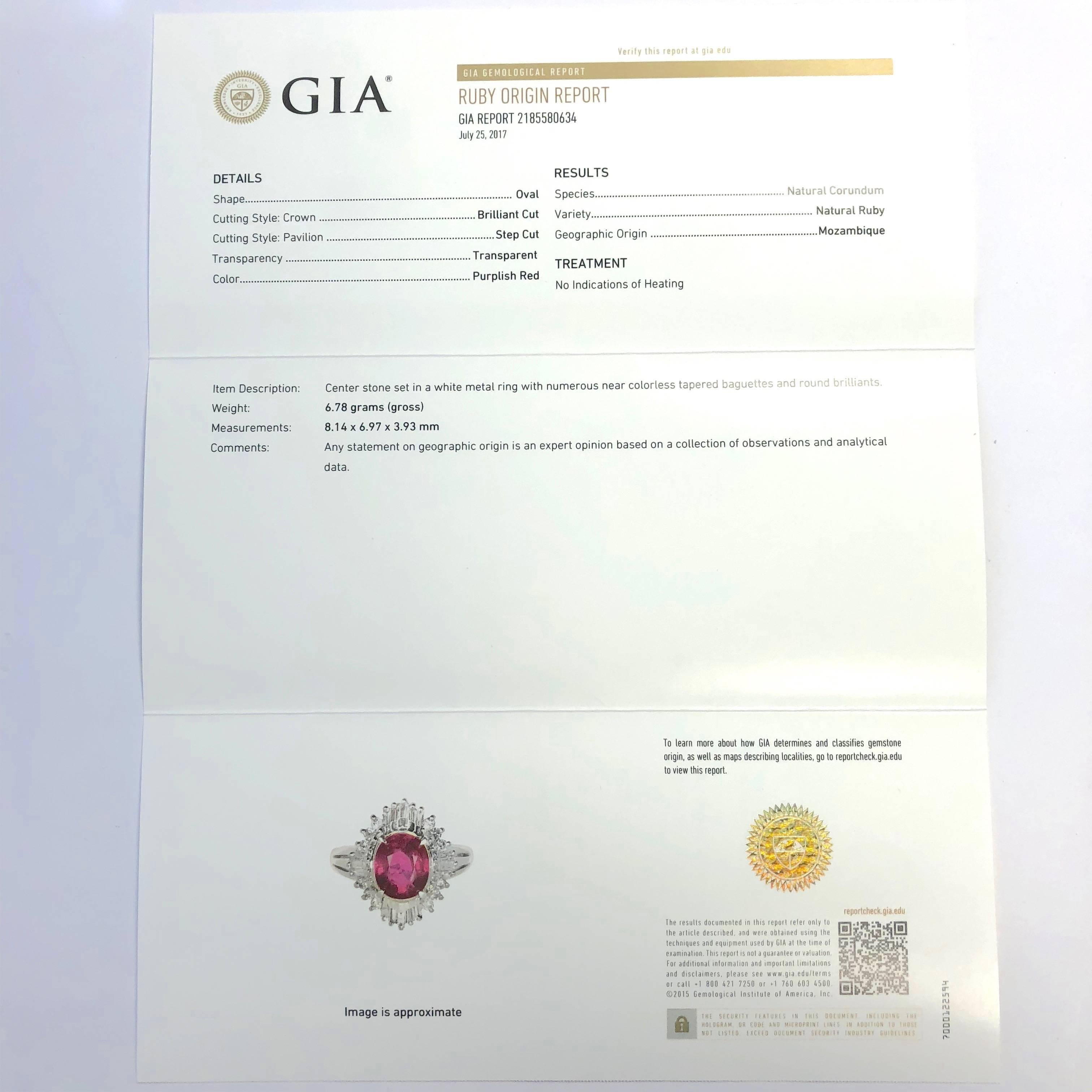 Women's or Men's GIA 2.03 Carat No Heat Ruby and Diamond Ballerina Style Platinum Ring For Sale