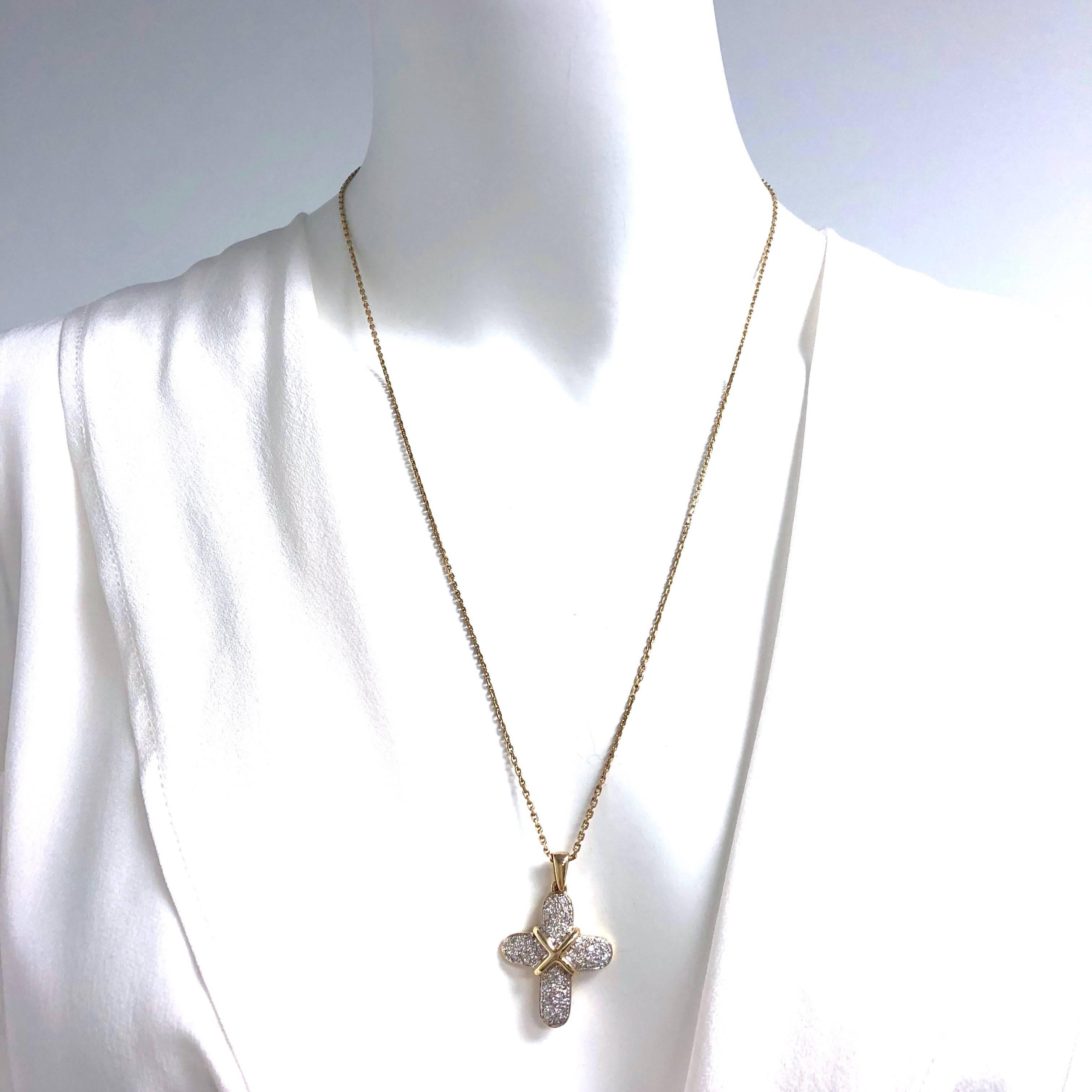 Round Cut Pave Set Diamond Gold Cross Pendant Necklace