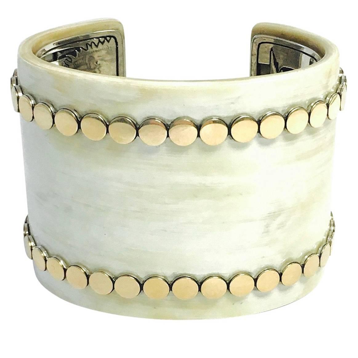 John Hardy Dot Buffalo Horn Yellow Gold and Sterling Silver Wide Cuff Bracelet For Sale