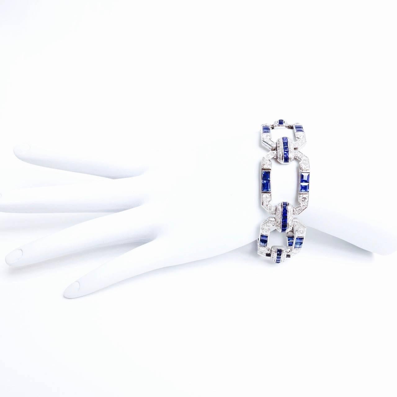 Magnificent Art Deco  Sapphire Diamond Platinum Bracelet In Excellent Condition In Agoura Hills, CA