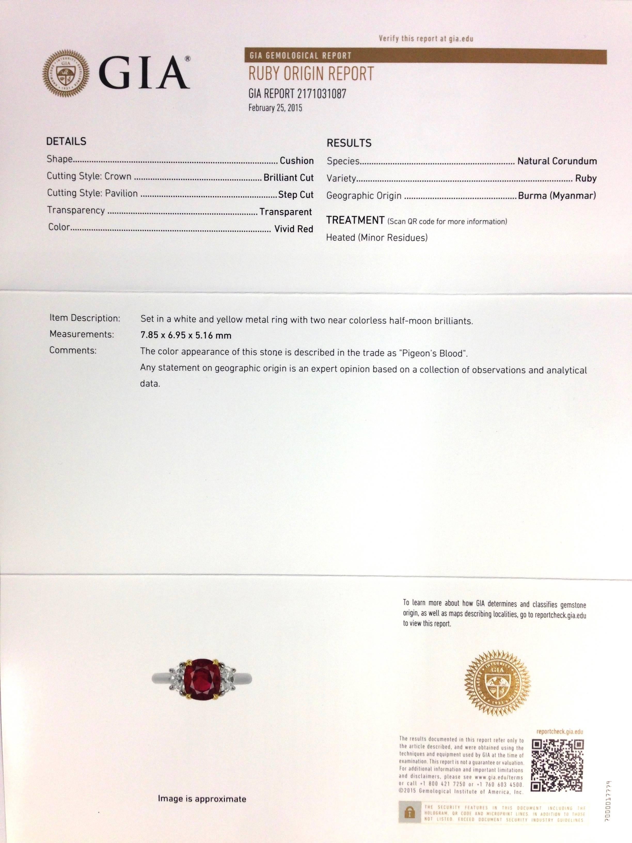 Tiffany & Co. Burma Ruby Diamond Gold Platinum Three Stone Ring 2