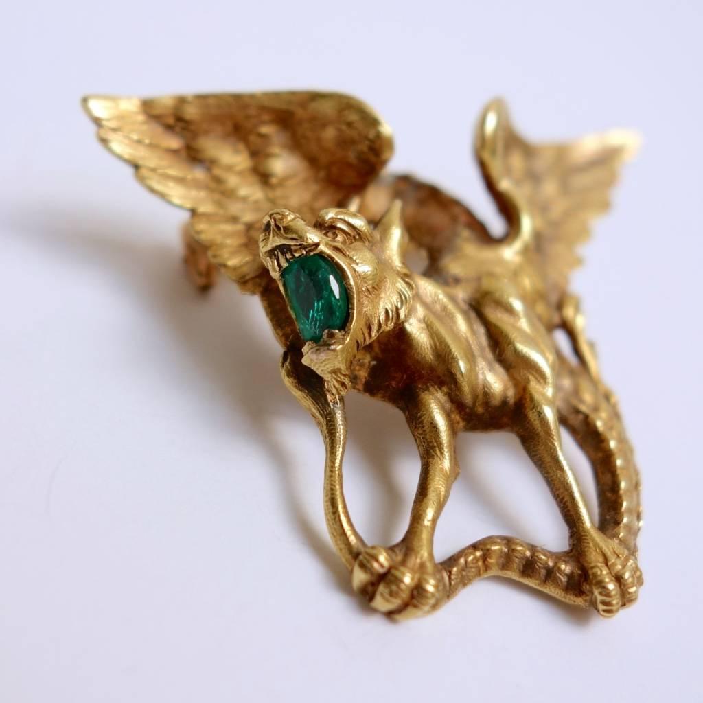Art Nouveau Magnificent Emerald Gold Griffin Brooch 