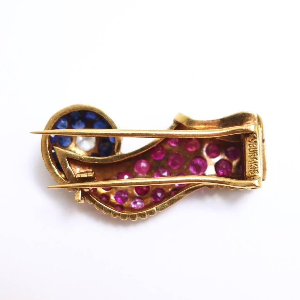 Vourakis Tsarouhi Ruby Sapphire Diamond Gold Platinum Brooch In Excellent Condition For Sale In Agoura Hills, CA