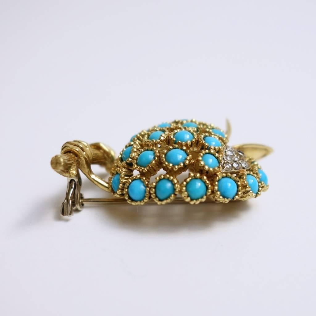 Turquoise Ruby Diamond Gold Bird Brooch Pin In Excellent Condition In Agoura Hills, CA