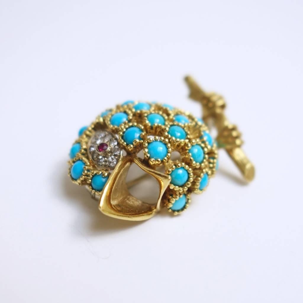 Modern Turquoise Ruby Diamond Gold Bird Brooch Pin