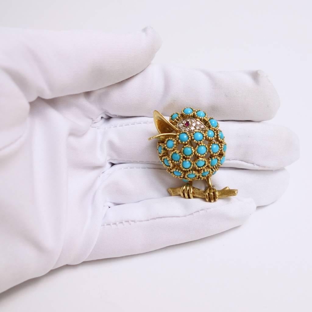 Women's Turquoise Ruby Diamond Gold Bird Brooch Pin