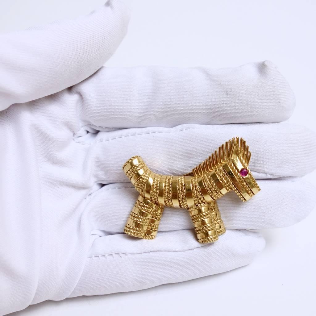 Women's Tiffany & Co. Gold Zebra Brooch with Ruby Eyes For Sale