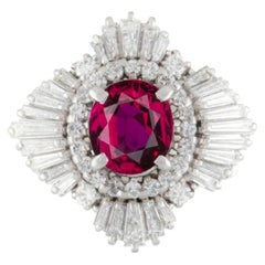 Art Deco Inspired Platinum Diamond GIA 2.10 Ct No Heat Oval Ruby Cocktail Ring