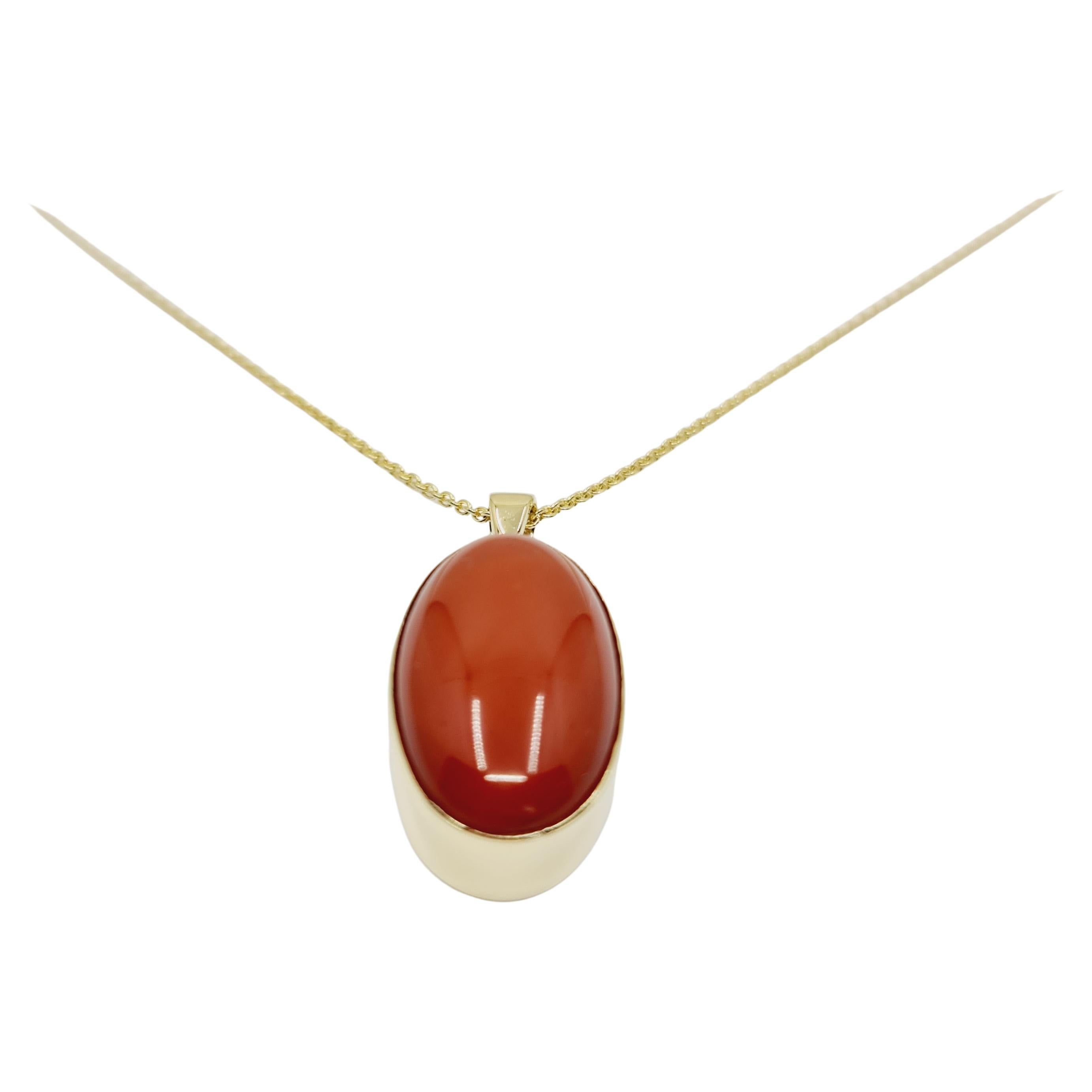 14k Gold Necklace with Oval Cut Natural Coral 13.3 Ct. For Sale