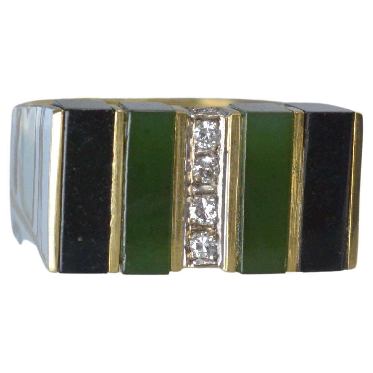 Vintage 14k Gold Malachite and Onyx Striped Ring with Diamonds, One-of-a-kind For Sale