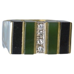 Vintage 14k Gold Malachite and Onyx Striped Ring with Diamonds, One-of-a-kind