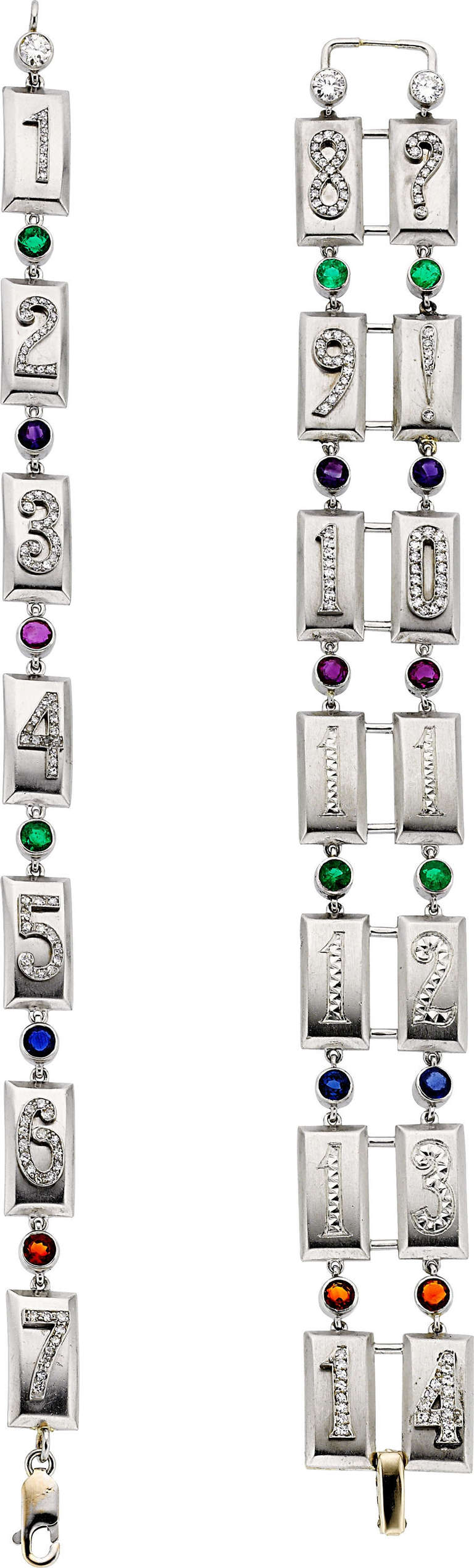 These one of a kind 'regard' bracelets feature round brilliant-cut diamonds weighing a total of approximately 0.75 carat, enhanced by single-cut diamonds weighing a total of approximately 0.95 carat, accented by round-shaped emeralds, amethyst,