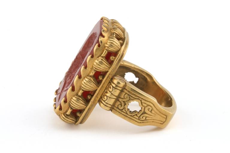 19th Century Carnelian Intaglio of Neptune set with 18K Yellow Gold with 24K plating.
Ring size 6.5.

One-of-a-kind, custom design, entirely hand carved from wax and made by the lost wax process.