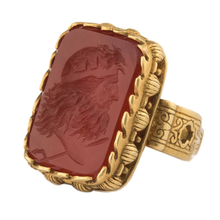 Victorian Oceanus Carnelian Intaglio Gold Neptune Ring For Sale