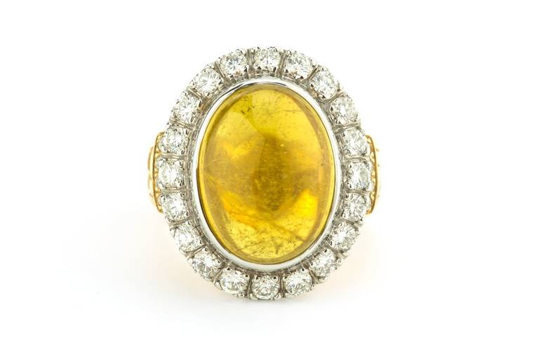 Primavera 11.68 Carat Yellow Tourmaline Cabochon Diamond Gold Ring