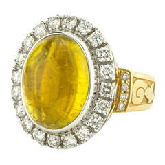 Primavera 11.68 Carat Yellow Tourmaline Cabochon Diamond Gold Ring 11