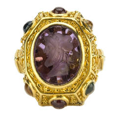 19th Century Amethyst Intaglio Sapphire Cabochon Gold Ring