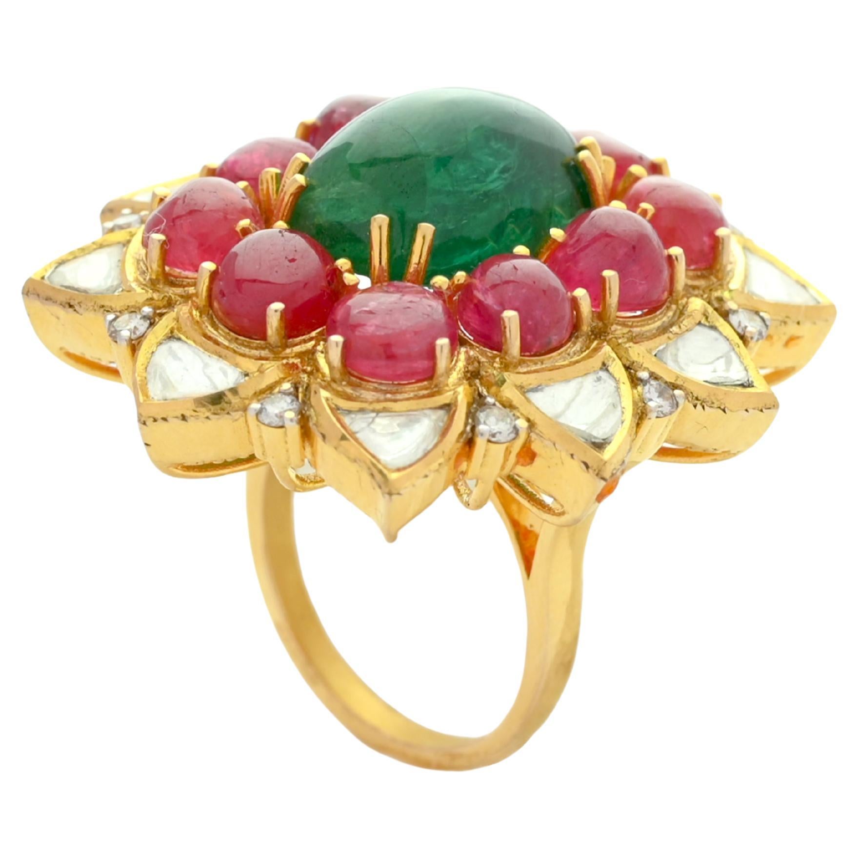 18K Gold natural Emerald, Spinels and Diamond Polki Mughal Ring