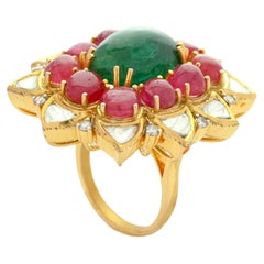 18K Gold natural Emerald, Spinels and Diamond Polki Mughal Ring