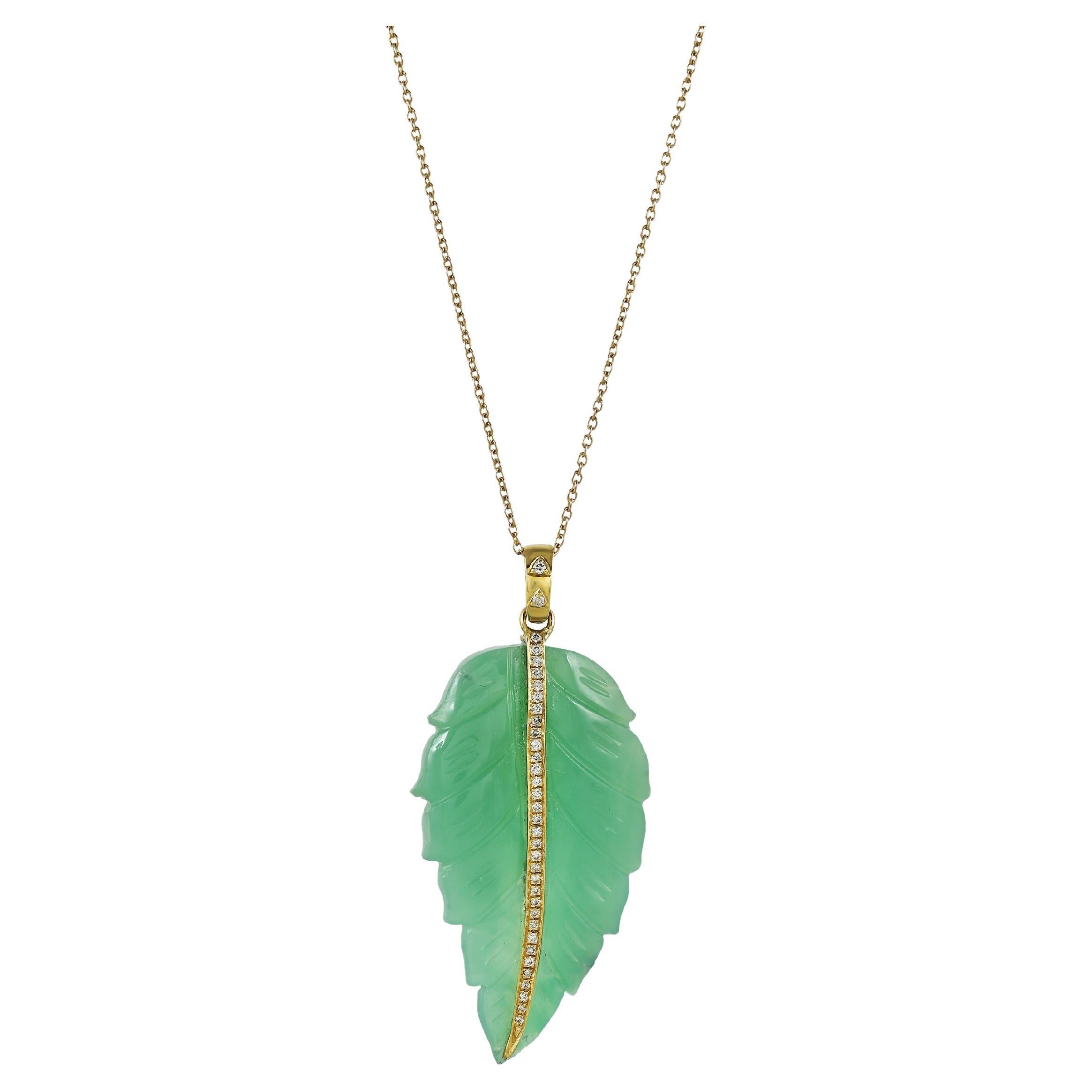 Pendentif feuille de chrysoprase verte avec diamants en or 18K