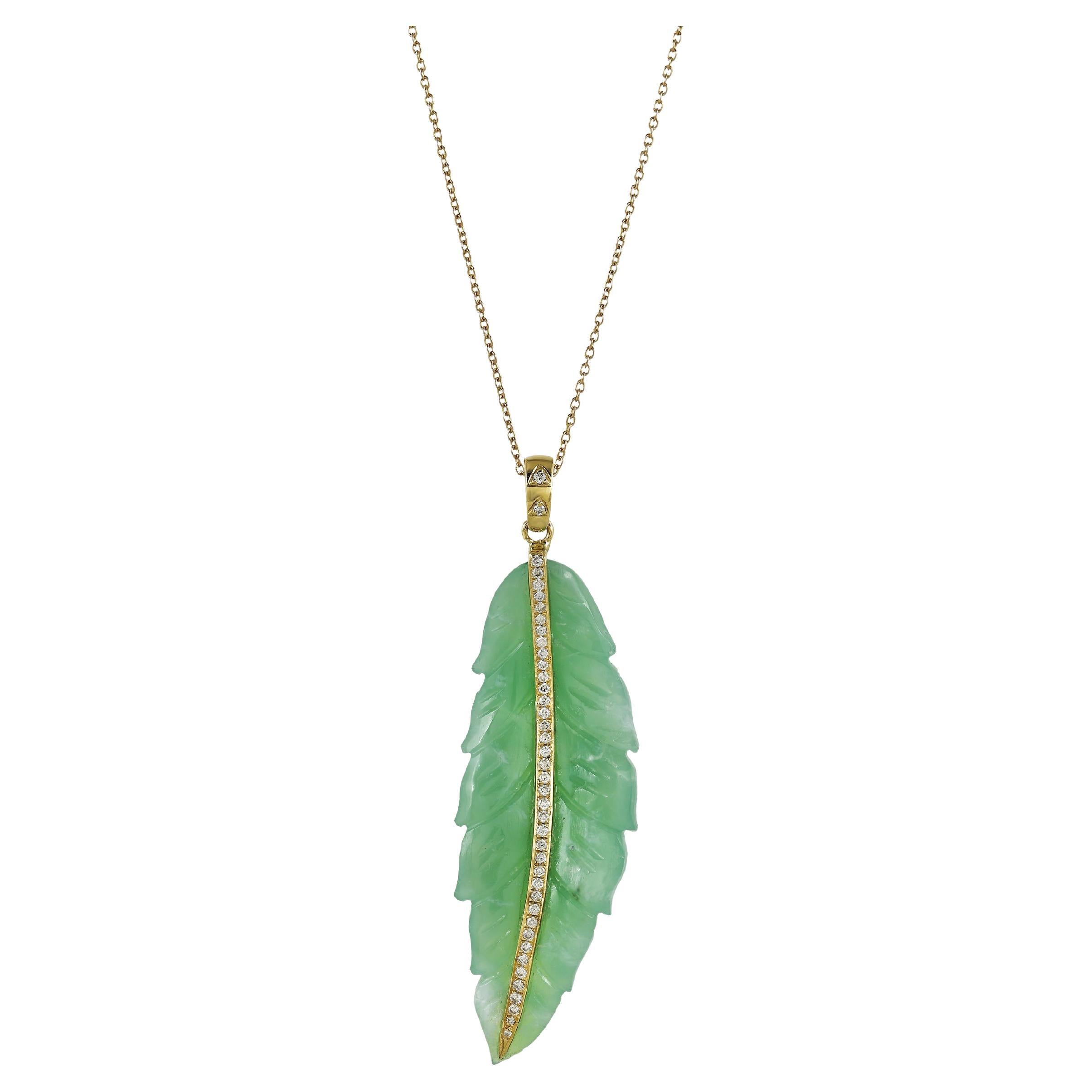 Pendentif feuille de chrysoprase en or 18K avec diamants naturels